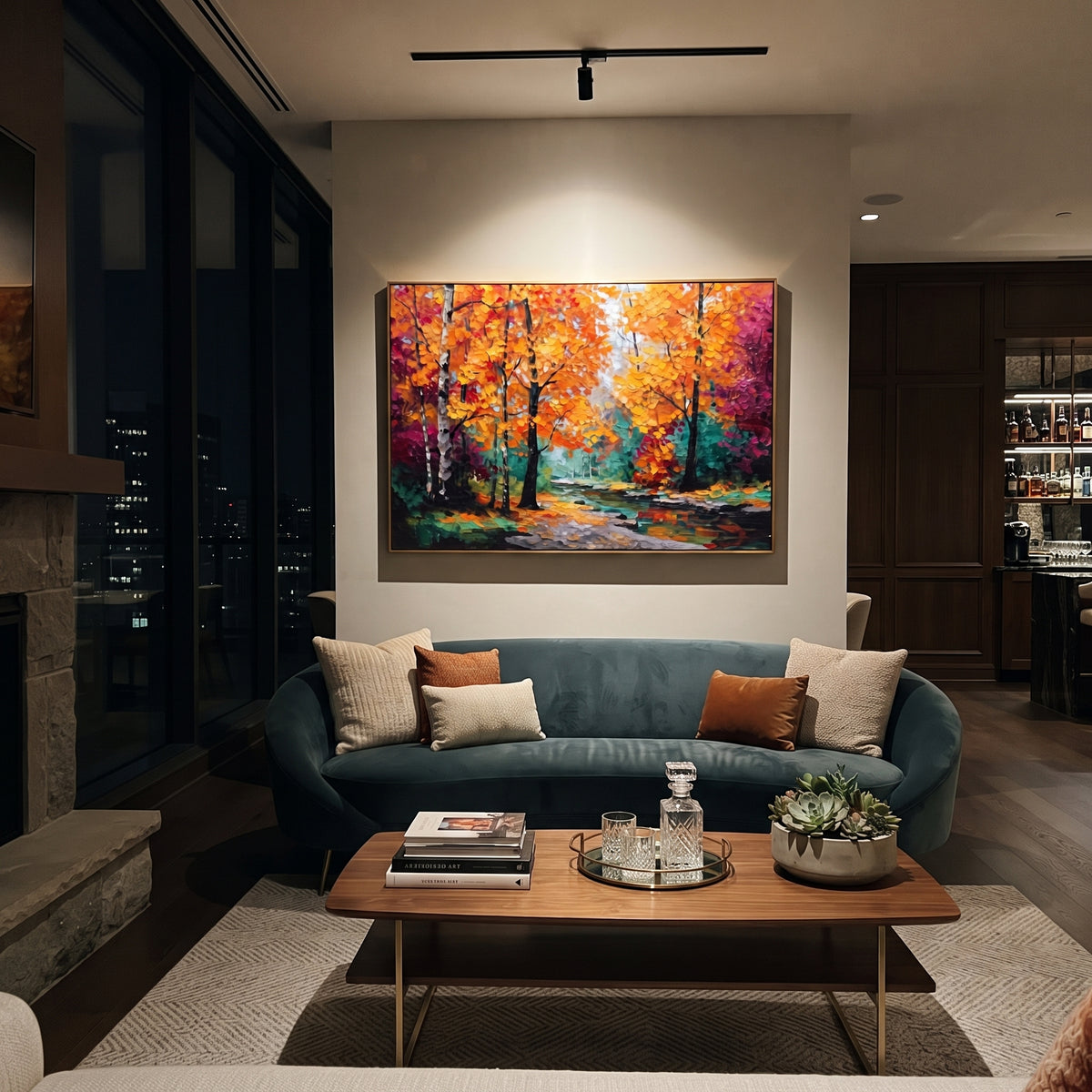 "Golden Orange Forest Painting" focuses on atmosphere, surface movement, and sculptural heavy impasto craftsmanship rather than a fixed literal storyline. The composition uses this hand-painted horizontal canvas presents dense golden orange autumn leaves, black tree silhouettes, teal green undergrowth, and a pale misty path rendered with raised impasto texture as the visual anchor, while layered palette-knife paint, raised plaster-like texture, and softened brush movement create tactile depth