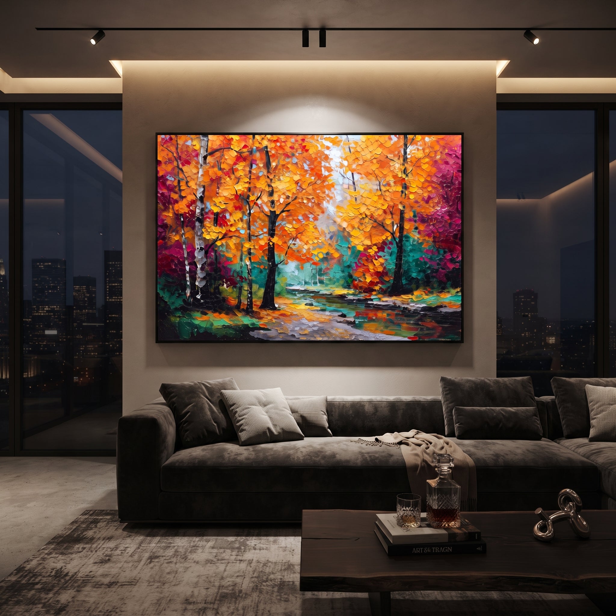 "Golden Orange Forest Painting" focuses on atmosphere, surface movement, and sculptural heavy impasto craftsmanship rather than a fixed literal storyline. The composition uses this hand-painted horizontal canvas presents dense golden orange autumn leaves, black tree silhouettes, teal green undergrowth, and a pale misty path rendered with raised impasto texture as the visual anchor, while layered palette-knife paint, raised plaster-like texture, and softened brush movement create tactile depth