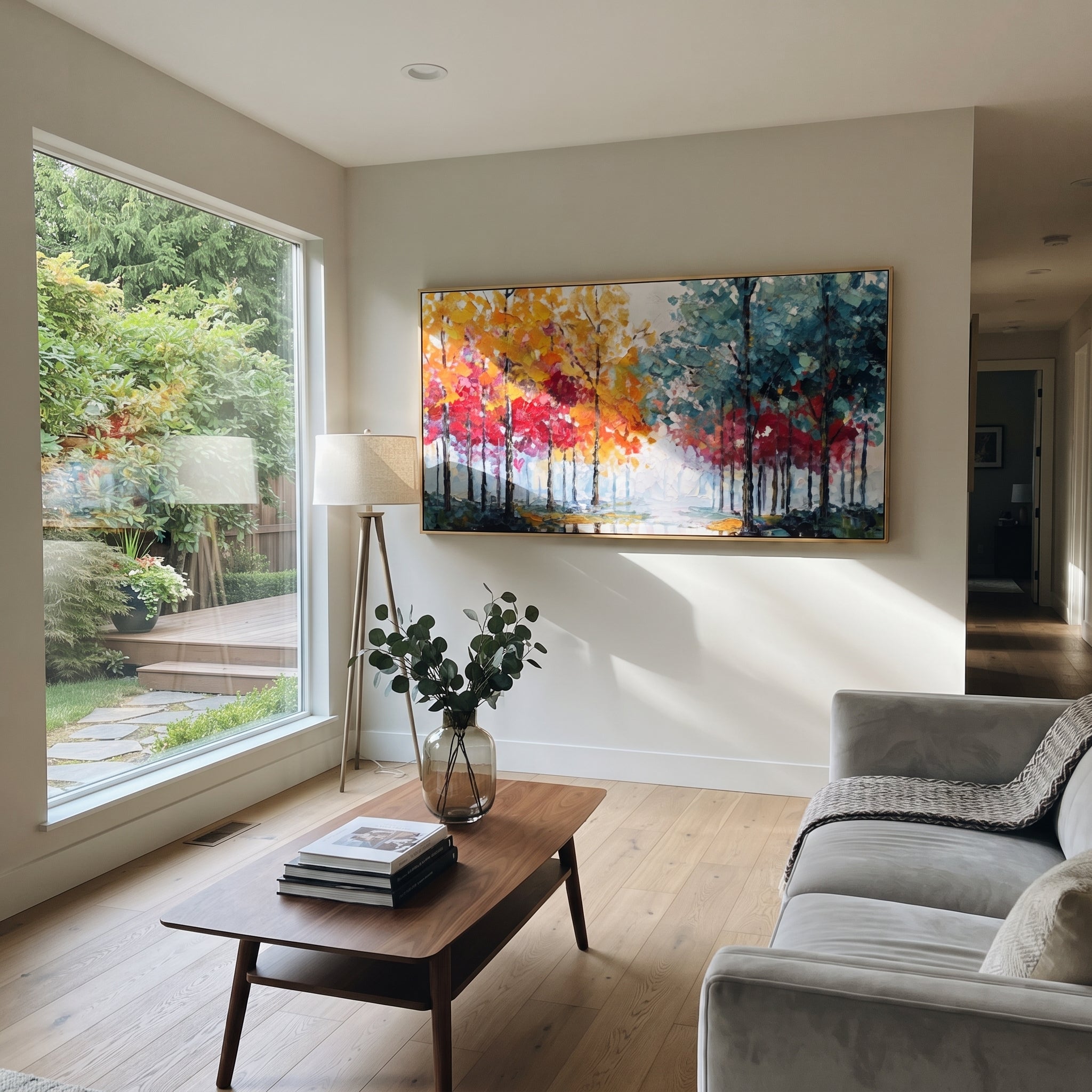 "Rainbow Tree Line Painting" focuses on atmosphere, surface movement, and sculptural heavy impasto craftsmanship rather than a fixed literal storyline. The composition uses this hand-painted panoramic canvas presents a panoramic row of slender trees with yellow orange and red foliage on the left, cool teal blue trees on the right, and a pale misty opening in the center as the visual anchor, while layered palette-knife paint, raised plaster-like texture, and softened brush movement create tactile