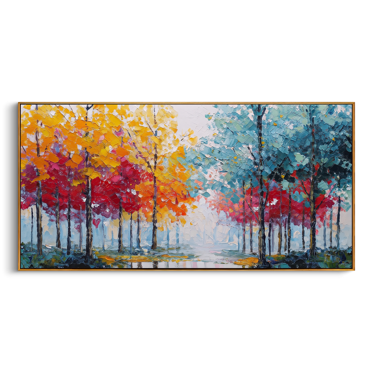 "Rainbow Tree Line Painting" - Modern Heavy Impasto Geometric Abstract | Yellow & Red Palette Knife Painting | Luxury Horizontal Wall Art #PT 1437
