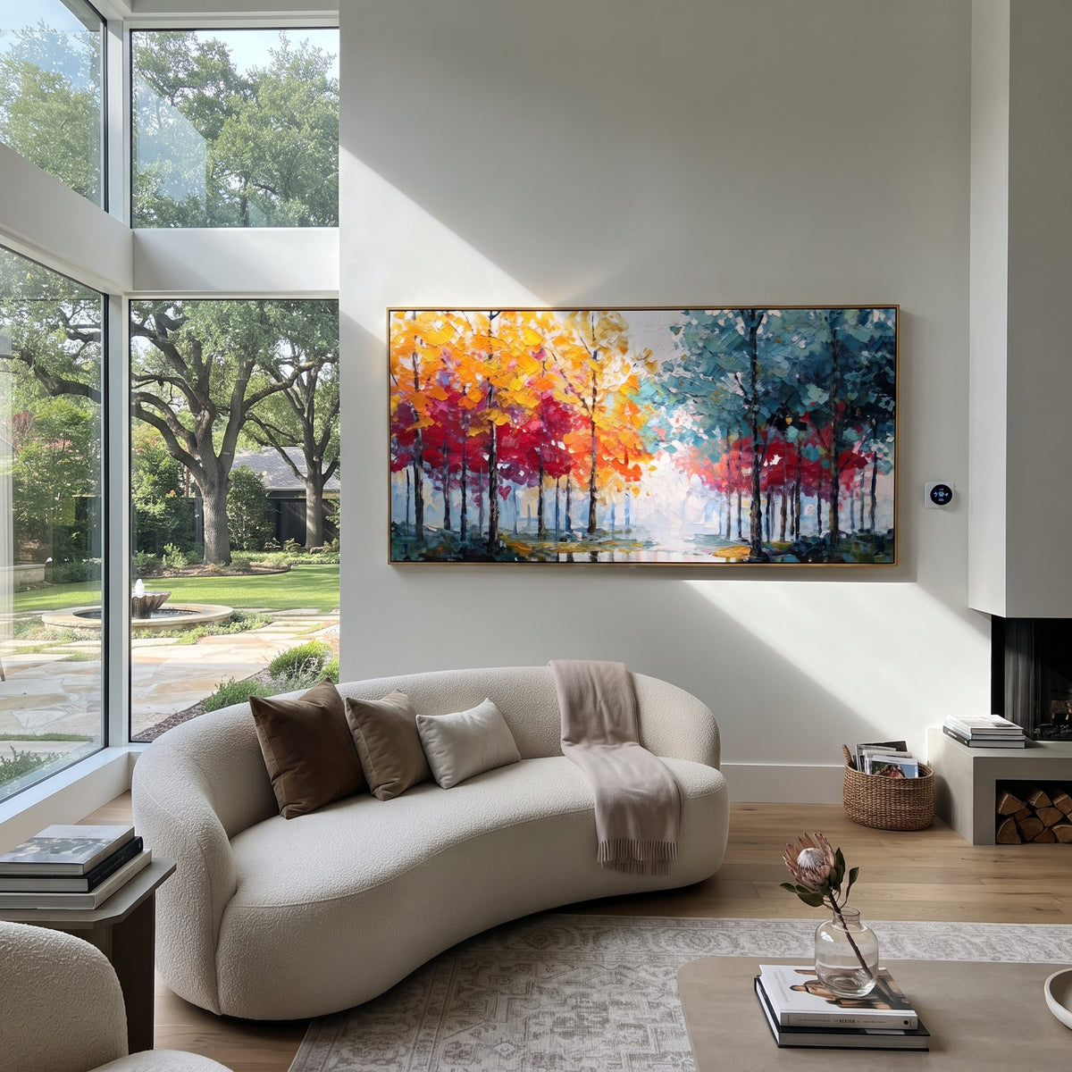 "Rainbow Tree Line Painting" focuses on atmosphere, surface movement, and sculptural heavy impasto craftsmanship rather than a fixed literal storyline. The composition uses this hand-painted panoramic canvas presents a panoramic row of slender trees with yellow orange and red foliage on the left, cool teal blue trees on the right, and a pale misty opening in the center as the visual anchor, while layered palette-knife paint, raised plaster-like texture, and softened brush movement create tactile