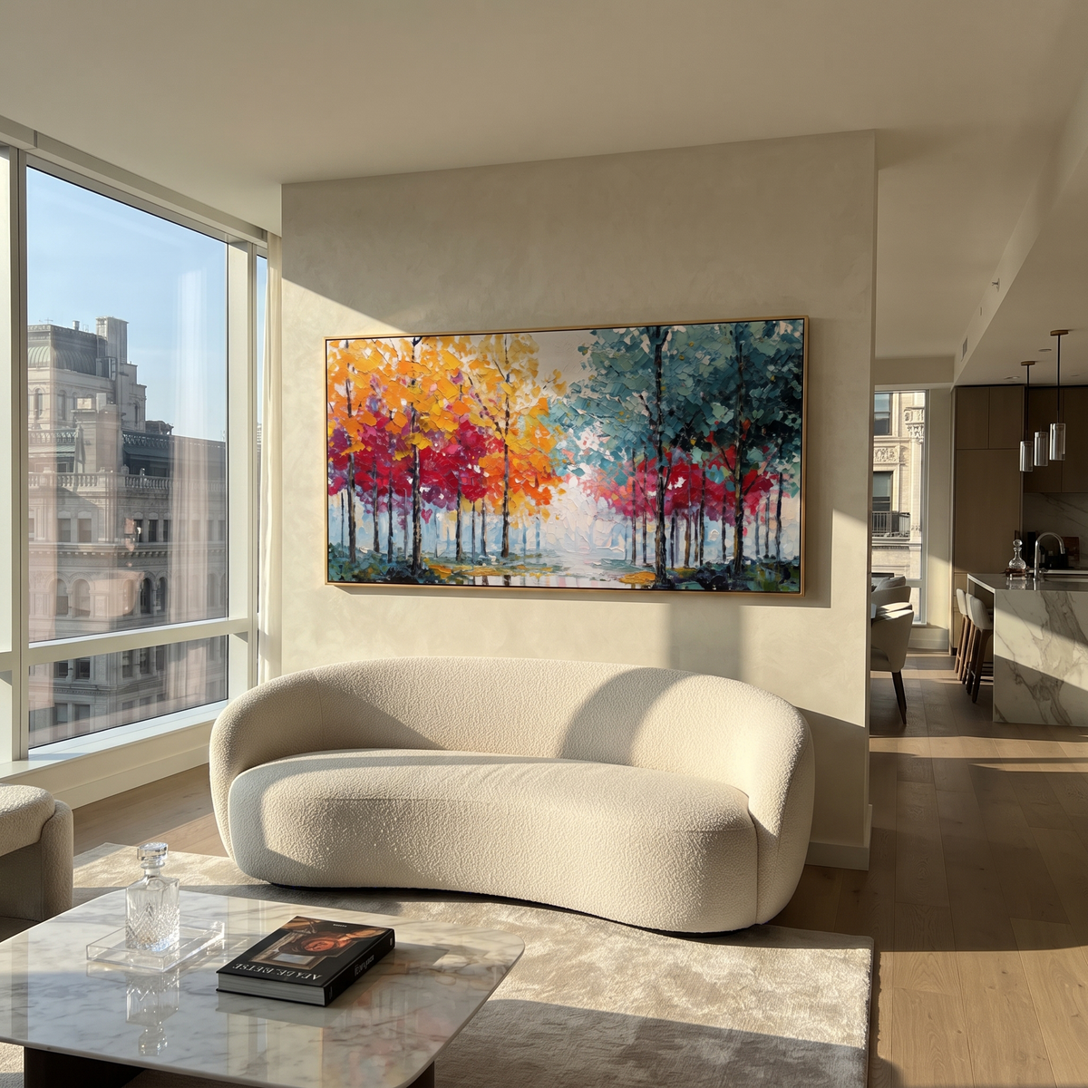 "Rainbow Tree Line Painting" focuses on atmosphere, surface movement, and sculptural heavy impasto craftsmanship rather than a fixed literal storyline. The composition uses this hand-painted panoramic canvas presents a panoramic row of slender trees with yellow orange and red foliage on the left, cool teal blue trees on the right, and a pale misty opening in the center as the visual anchor, while layered palette-knife paint, raised plaster-like texture, and softened brush movement create tactile
