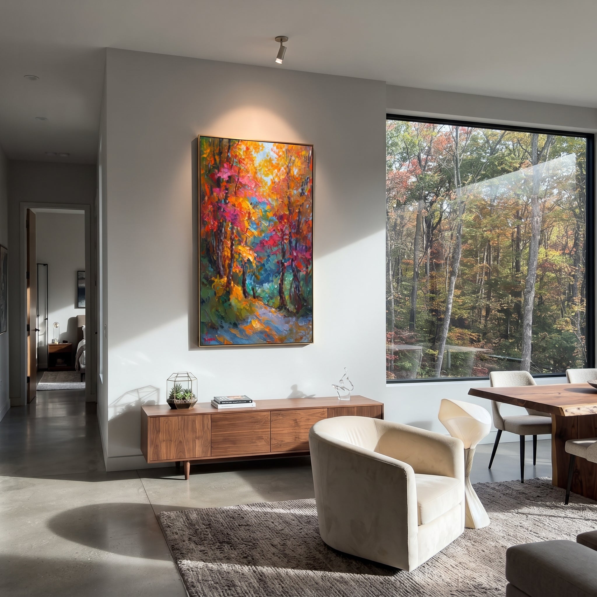 "Colorful Autumn Trail Painting" focuses on atmosphere, surface movement, and sculptural heavy impasto craftsmanship rather than a fixed literal storyline. The composition uses this hand-painted vertical canvas presents a vertical forest trail filled with orange, pink, teal, and green foliage, dark tree trunks, and energetic raised palette-knife texture as the visual anchor, while layered palette-knife paint, raised plaster-like texture, and softened brush movement create tactile depth across