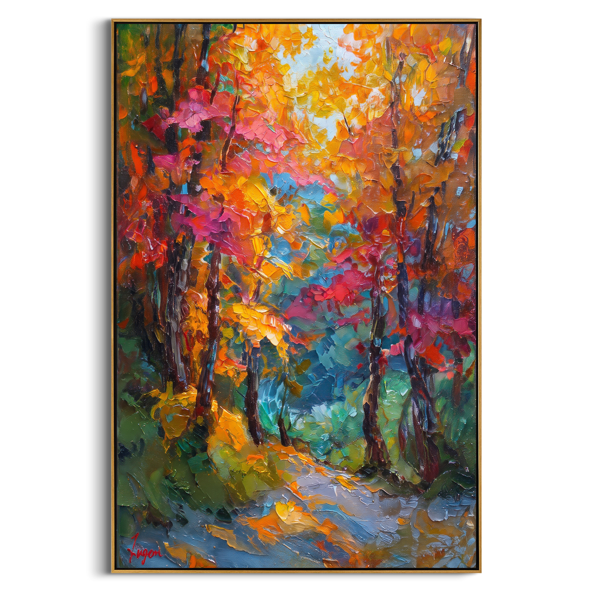 "Colorful Autumn Trail Painting" focuses on atmosphere, surface movement, and sculptural heavy impasto craftsmanship rather than a fixed literal storyline. The composition uses this hand-painted vertical canvas presents a vertical forest trail filled with orange, pink, teal, and green foliage, dark tree trunks, and energetic raised palette-knife texture as the visual anchor, while layered palette-knife paint, raised plaster-like texture, and softened brush movement create tactile depth across