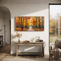 "Golden Autumn Path Painting" focuses on atmosphere, surface movement, and sculptural heavy impasto craftsmanship rather than a fixed literal storyline. The composition uses this hand-painted panoramic canvas presents a warm panoramic woodland path beneath glowing yellow leaves, dark trunks, red accents, and layered impasto brushwork as the visual anchor, while layered palette-knife paint, raised plaster-like texture, and softened brush movement create tactile depth across the canvas. Curated