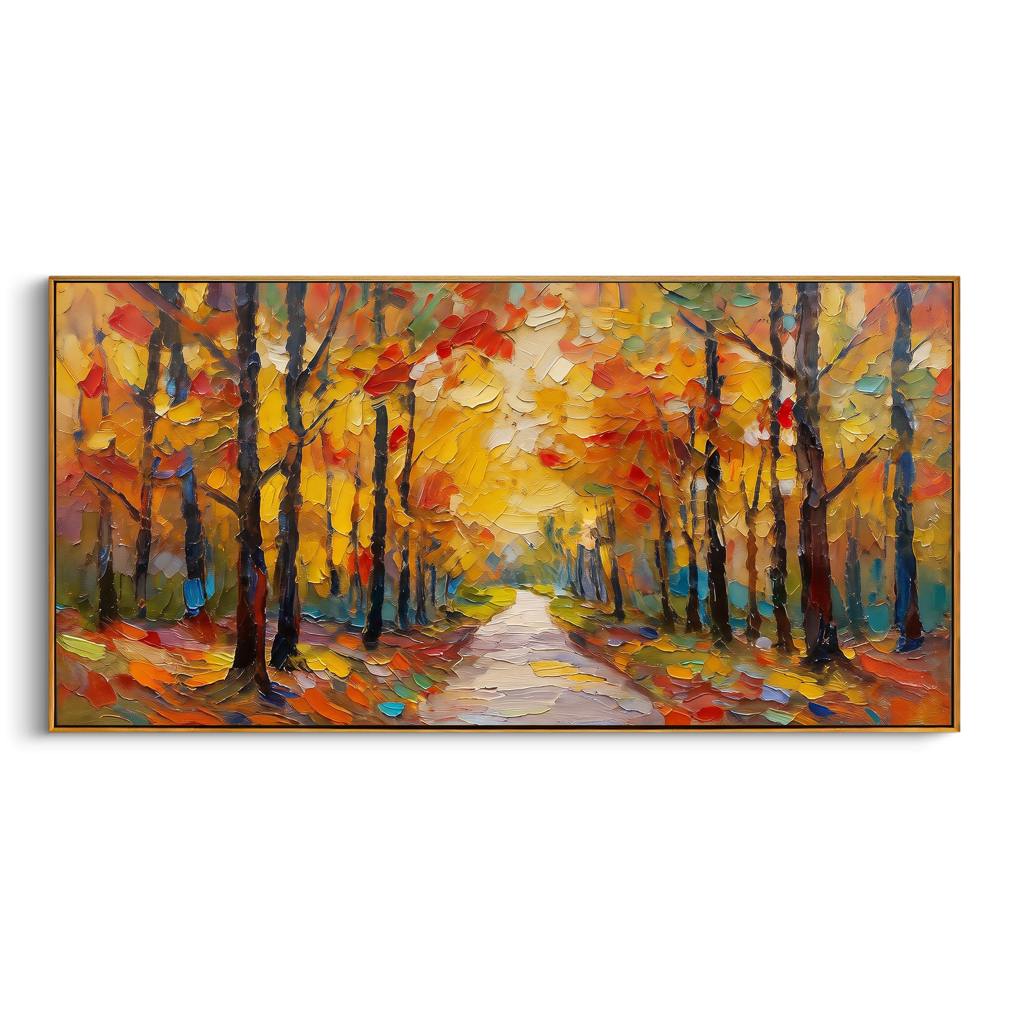 "Golden Autumn Path Painting" focuses on atmosphere, surface movement, and sculptural heavy impasto craftsmanship rather than a fixed literal storyline. The composition uses this hand-painted panoramic canvas presents a warm panoramic woodland path beneath glowing yellow leaves, dark trunks, red accents, and layered impasto brushwork as the visual anchor, while layered palette-knife paint, raised plaster-like texture, and softened brush movement create tactile depth across the canvas. Curated