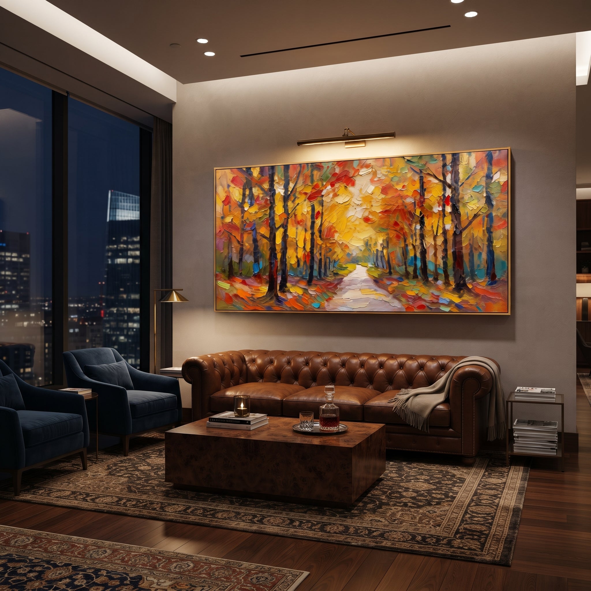 "Golden Autumn Path Painting" focuses on atmosphere, surface movement, and sculptural heavy impasto craftsmanship rather than a fixed literal storyline. The composition uses this hand-painted panoramic canvas presents a warm panoramic woodland path beneath glowing yellow leaves, dark trunks, red accents, and layered impasto brushwork as the visual anchor, while layered palette-knife paint, raised plaster-like texture, and softened brush movement create tactile depth across the canvas. Curated