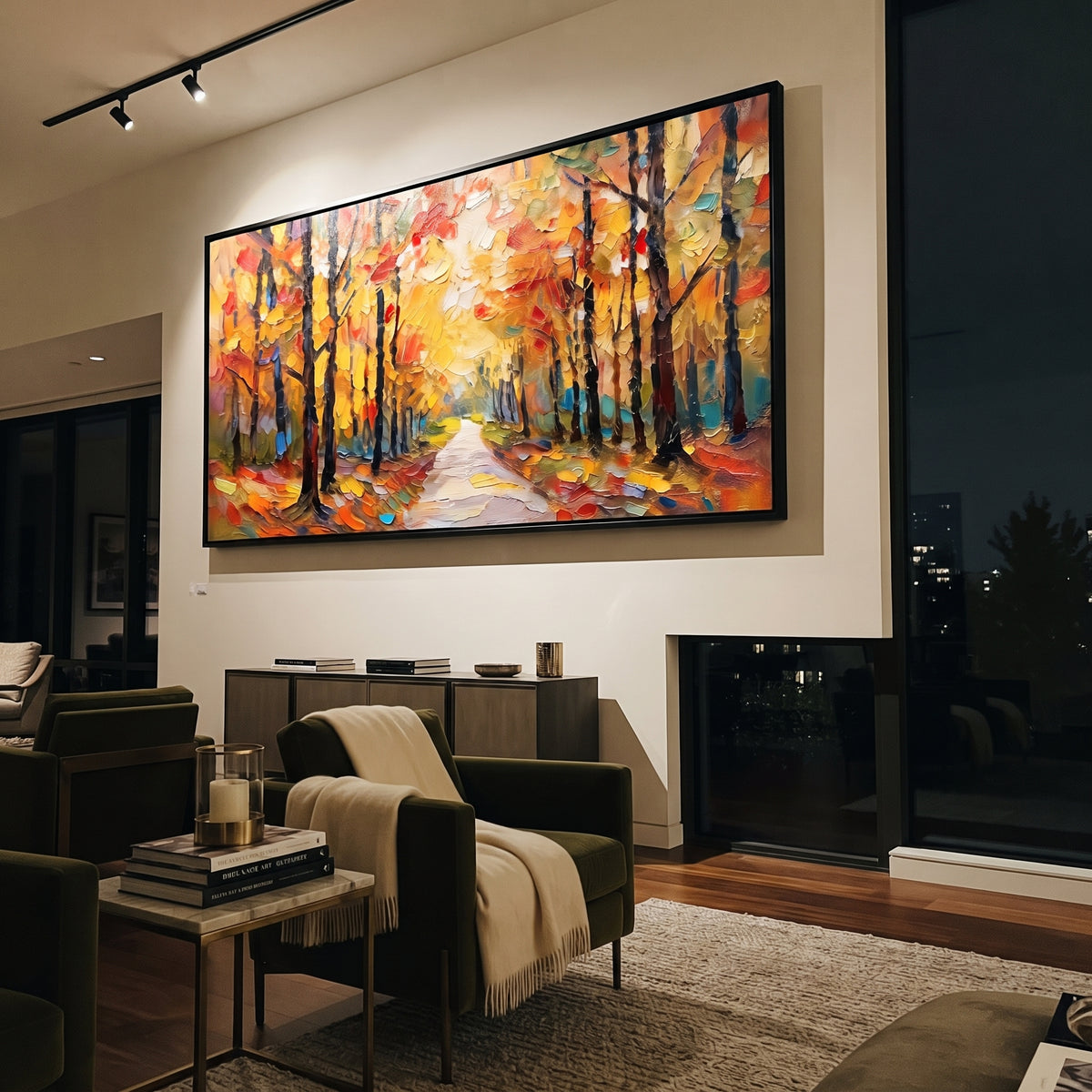 "Golden Autumn Path Painting" focuses on atmosphere, surface movement, and sculptural heavy impasto craftsmanship rather than a fixed literal storyline. The composition uses this hand-painted panoramic canvas presents a warm panoramic woodland path beneath glowing yellow leaves, dark trunks, red accents, and layered impasto brushwork as the visual anchor, while layered palette-knife paint, raised plaster-like texture, and softened brush movement create tactile depth across the canvas. Curated