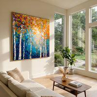 "Blue Gold Birch Painting" focuses on atmosphere, surface movement, and sculptural heavy impasto craftsmanship rather than a fixed literal storyline. The composition uses this hand-painted square canvas presents a square birch forest with white trunks, deep blue teal shadows, bright golden orange leaves, and thick textured paint relief as the visual anchor, while layered palette-knife paint, raised plaster-like texture, and softened brush movement create tactile depth across the canvas. Curated