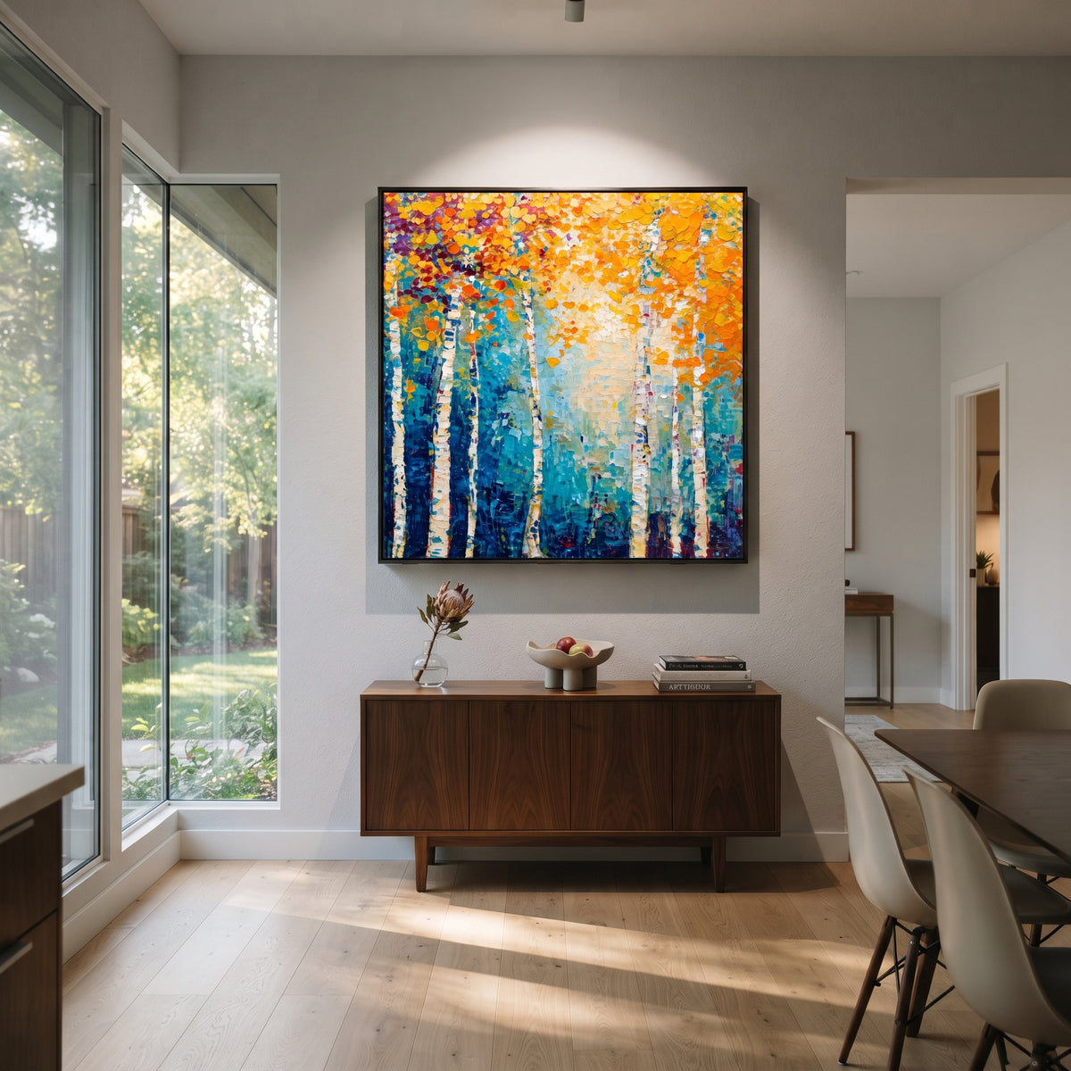 "Blue Gold Birch Painting" focuses on atmosphere, surface movement, and sculptural heavy impasto craftsmanship rather than a fixed literal storyline. The composition uses this hand-painted square canvas presents a square birch forest with white trunks, deep blue teal shadows, bright golden orange leaves, and thick textured paint relief as the visual anchor, while layered palette-knife paint, raised plaster-like texture, and softened brush movement create tactile depth across the canvas. Curated