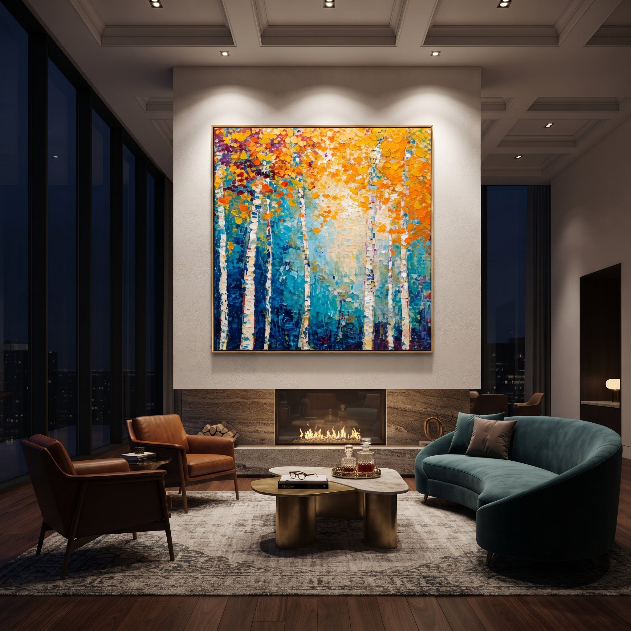 "Blue Gold Birch Painting" focuses on atmosphere, surface movement, and sculptural heavy impasto craftsmanship rather than a fixed literal storyline. The composition uses this hand-painted square canvas presents a square birch forest with white trunks, deep blue teal shadows, bright golden orange leaves, and thick textured paint relief as the visual anchor, while layered palette-knife paint, raised plaster-like texture, and softened brush movement create tactile depth across the canvas. Curated