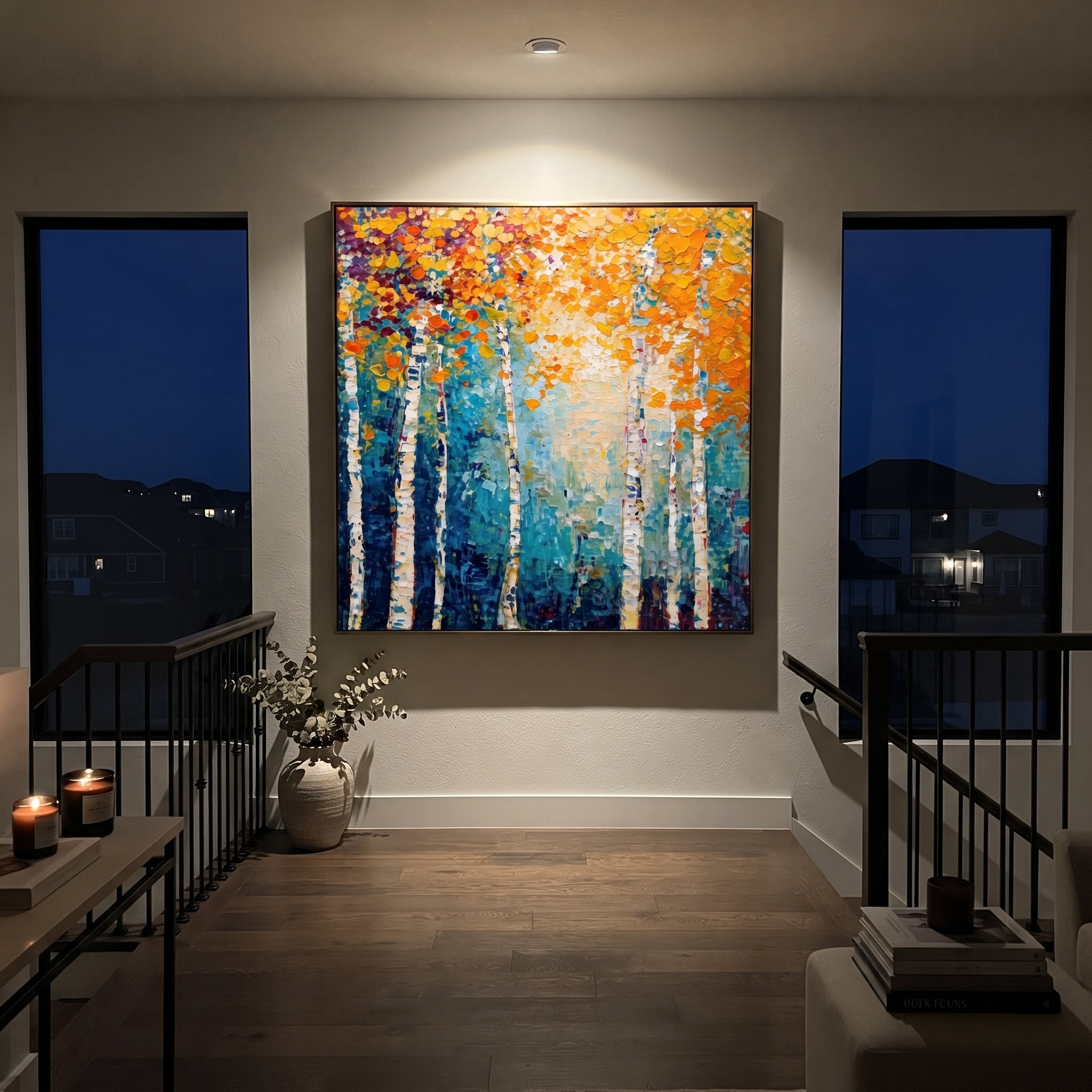 "Blue Gold Birch Painting" focuses on atmosphere, surface movement, and sculptural heavy impasto craftsmanship rather than a fixed literal storyline. The composition uses this hand-painted square canvas presents a square birch forest with white trunks, deep blue teal shadows, bright golden orange leaves, and thick textured paint relief as the visual anchor, while layered palette-knife paint, raised plaster-like texture, and softened brush movement create tactile depth across the canvas. Curated