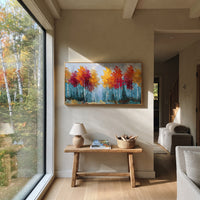 "Red Gold Birch Forest Painting" focuses on atmosphere, surface movement, and sculptural heavy impasto craftsmanship rather than a fixed literal storyline. The composition uses this hand-painted panoramic canvas presents a panoramic birch forest with white trunks, red and golden yellow treetops, cool blue grey sky, and raised palette-knife texture as the visual anchor, while layered palette-knife paint, raised plaster-like texture, and softened brush movement create tactile depth across the
