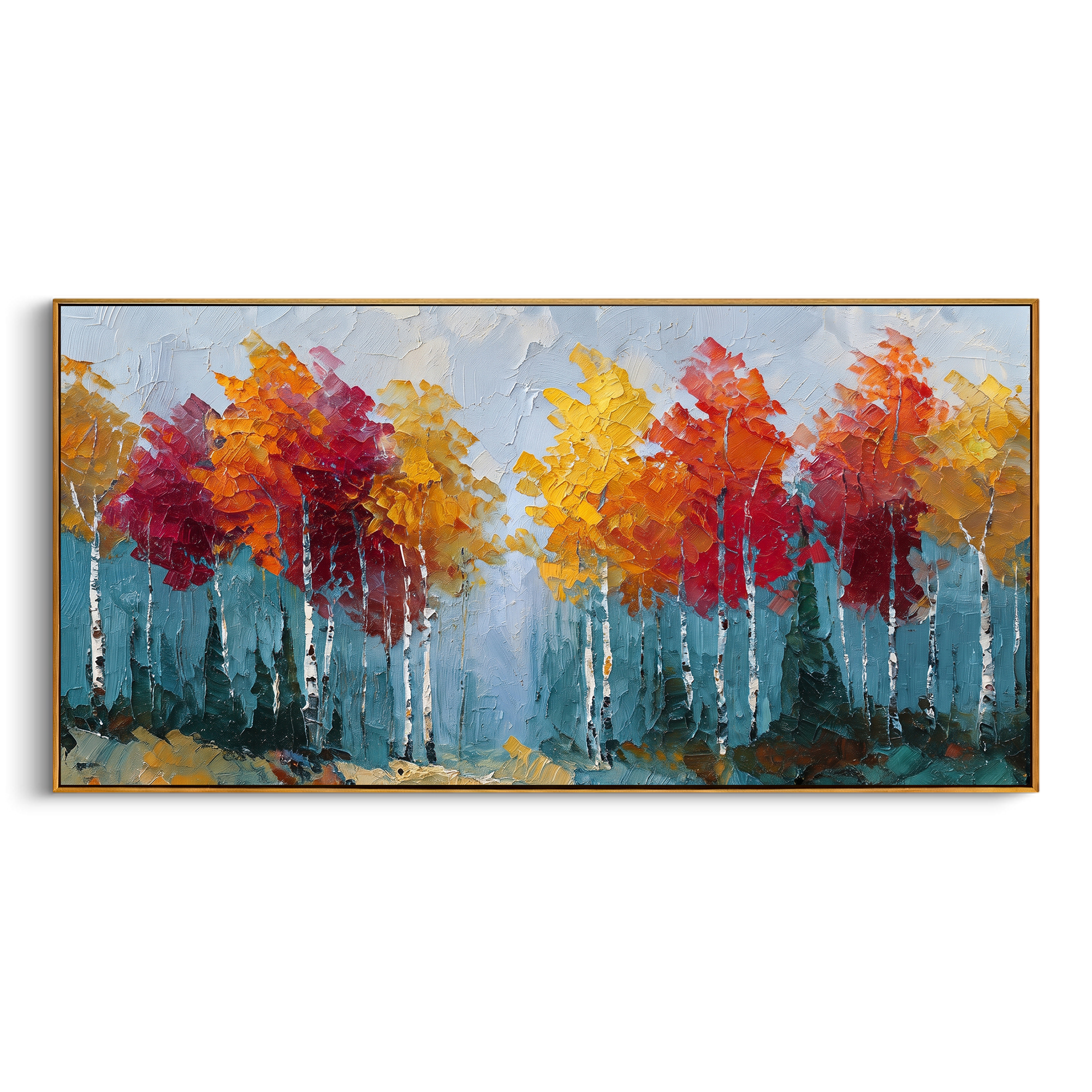 "Red Gold Birch Forest Painting" focuses on atmosphere, surface movement, and sculptural heavy impasto craftsmanship rather than a fixed literal storyline. The composition uses this hand-painted panoramic canvas presents a panoramic birch forest with white trunks, red and golden yellow treetops, cool blue grey sky, and raised palette-knife texture as the visual anchor, while layered palette-knife paint, raised plaster-like texture, and softened brush movement create tactile depth across the