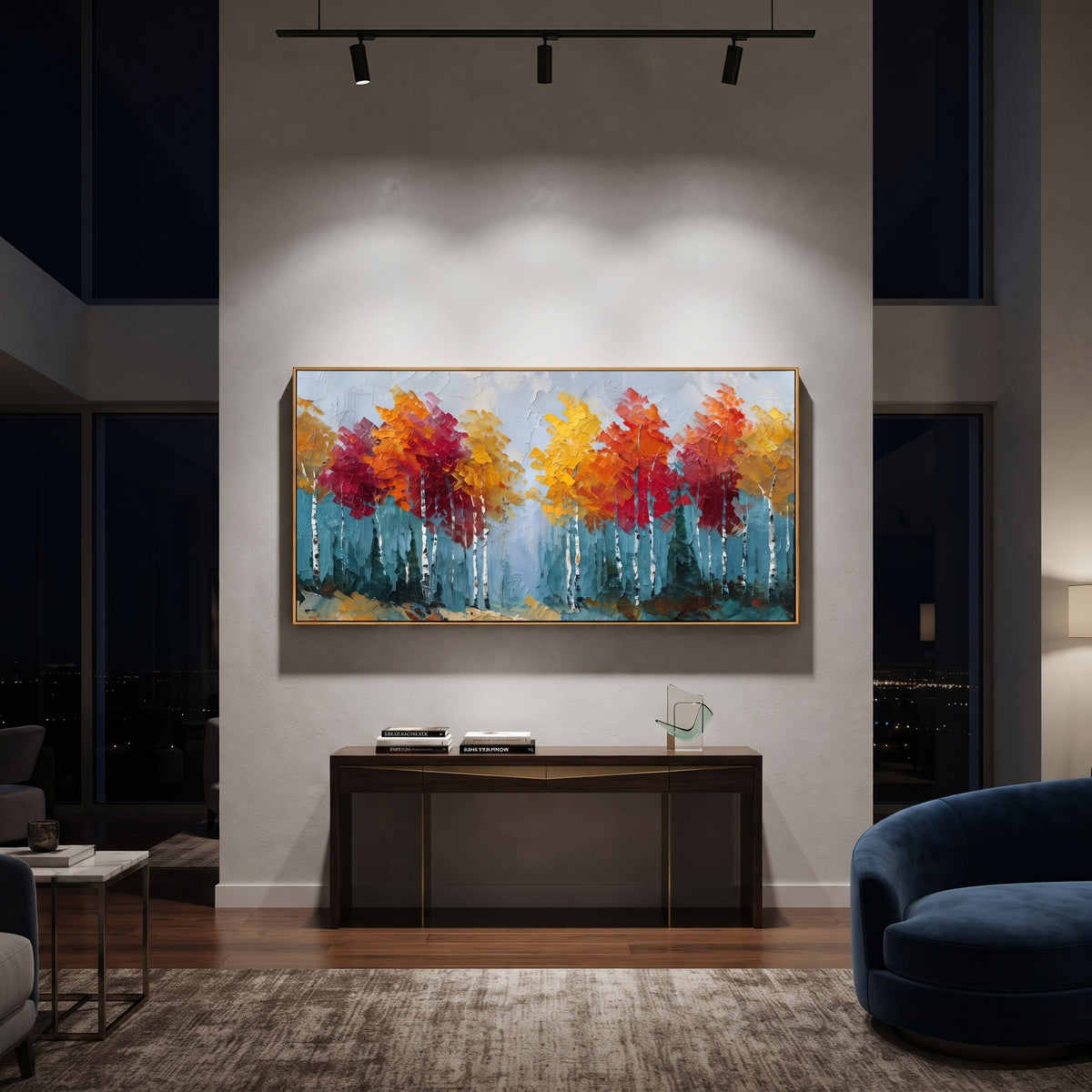 "Red Gold Birch Forest Painting" focuses on atmosphere, surface movement, and sculptural heavy impasto craftsmanship rather than a fixed literal storyline. The composition uses this hand-painted panoramic canvas presents a panoramic birch forest with white trunks, red and golden yellow treetops, cool blue grey sky, and raised palette-knife texture as the visual anchor, while layered palette-knife paint, raised plaster-like texture, and softened brush movement create tactile depth across the