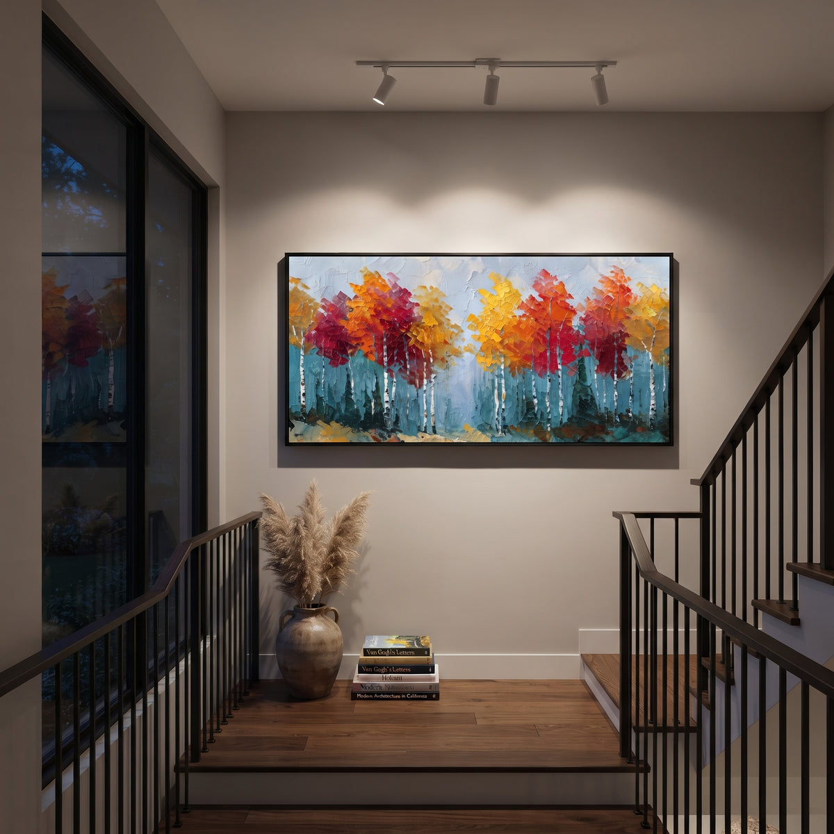 "Red Gold Birch Forest Painting" focuses on atmosphere, surface movement, and sculptural heavy impasto craftsmanship rather than a fixed literal storyline. The composition uses this hand-painted panoramic canvas presents a panoramic birch forest with white trunks, red and golden yellow treetops, cool blue grey sky, and raised palette-knife texture as the visual anchor, while layered palette-knife paint, raised plaster-like texture, and softened brush movement create tactile depth across the