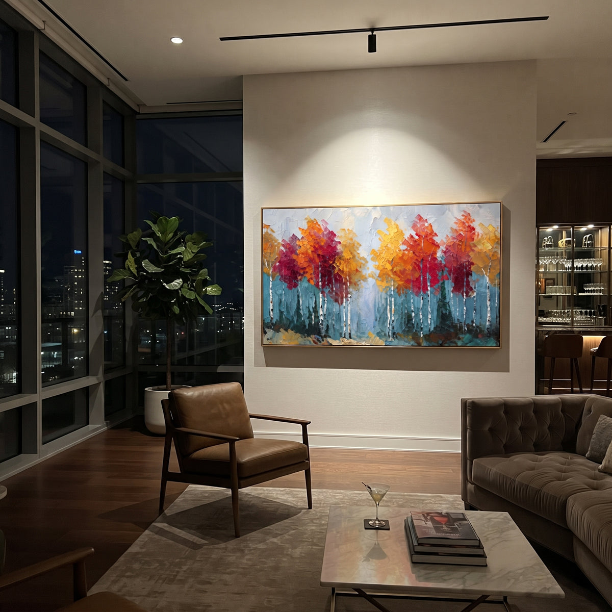 "Red Gold Birch Forest Painting" focuses on atmosphere, surface movement, and sculptural heavy impasto craftsmanship rather than a fixed literal storyline. The composition uses this hand-painted panoramic canvas presents a panoramic birch forest with white trunks, red and golden yellow treetops, cool blue grey sky, and raised palette-knife texture as the visual anchor, while layered palette-knife paint, raised plaster-like texture, and softened brush movement create tactile depth across the