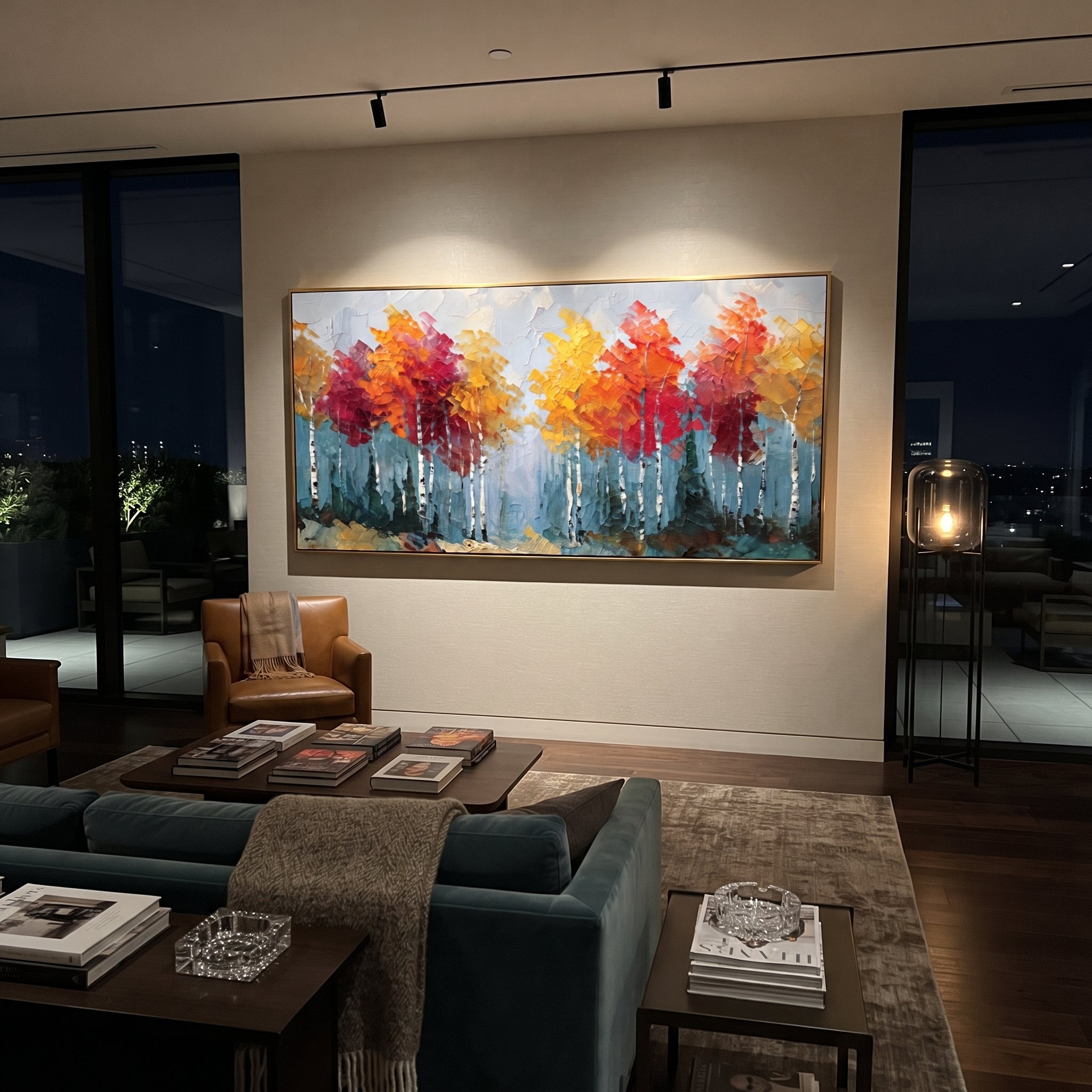 "Red Gold Birch Forest Painting" focuses on atmosphere, surface movement, and sculptural heavy impasto craftsmanship rather than a fixed literal storyline. The composition uses this hand-painted panoramic canvas presents a panoramic birch forest with white trunks, red and golden yellow treetops, cool blue grey sky, and raised palette-knife texture as the visual anchor, while layered palette-knife paint, raised plaster-like texture, and softened brush movement create tactile depth across the
