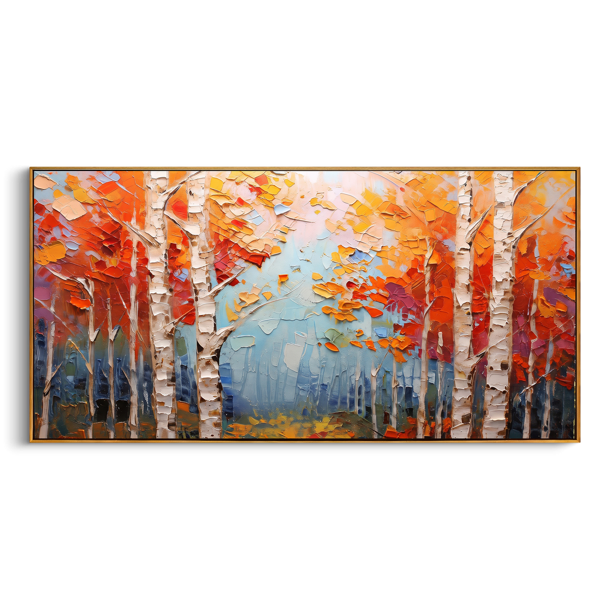 "Orange Birch Forest Painting" - Modern Heavy Impasto Abstract Artwork | Gold & Red Palette Knife Painting | Luxury Horizontal Wall Art #PT 1442