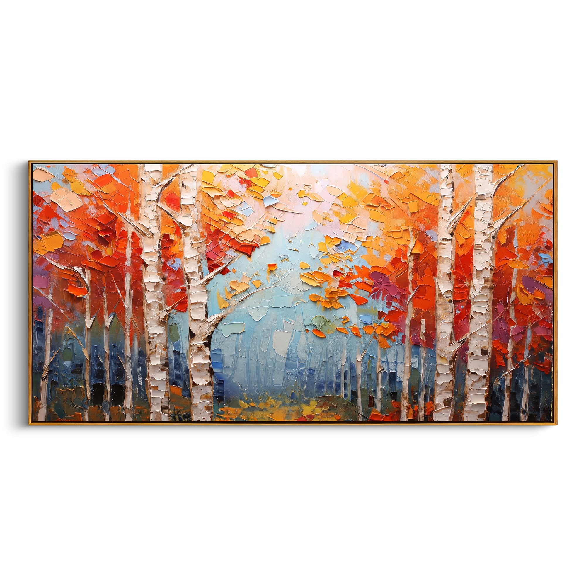 "Orange Birch Forest Painting" focuses on atmosphere, surface movement, and sculptural heavy impasto craftsmanship rather than a fixed literal storyline. The composition uses this hand-painted panoramic canvas presents white birch trunks set against vivid orange and red autumn leaves, with pale blue mist through the center and heavy textured paint as the visual anchor, while layered palette-knife paint, raised plaster-like texture, and softened brush movement create tactile depth across the