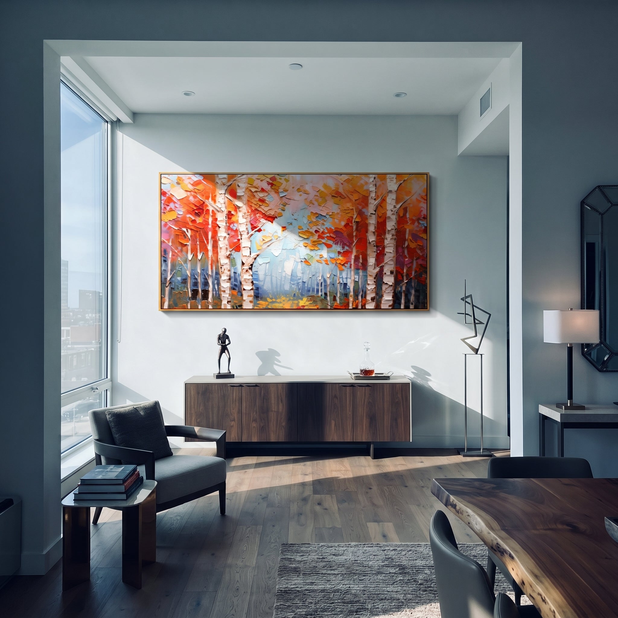 "Orange Birch Forest Painting" focuses on atmosphere, surface movement, and sculptural heavy impasto craftsmanship rather than a fixed literal storyline. The composition uses this hand-painted panoramic canvas presents white birch trunks set against vivid orange and red autumn leaves, with pale blue mist through the center and heavy textured paint as the visual anchor, while layered palette-knife paint, raised plaster-like texture, and softened brush movement create tactile depth across the