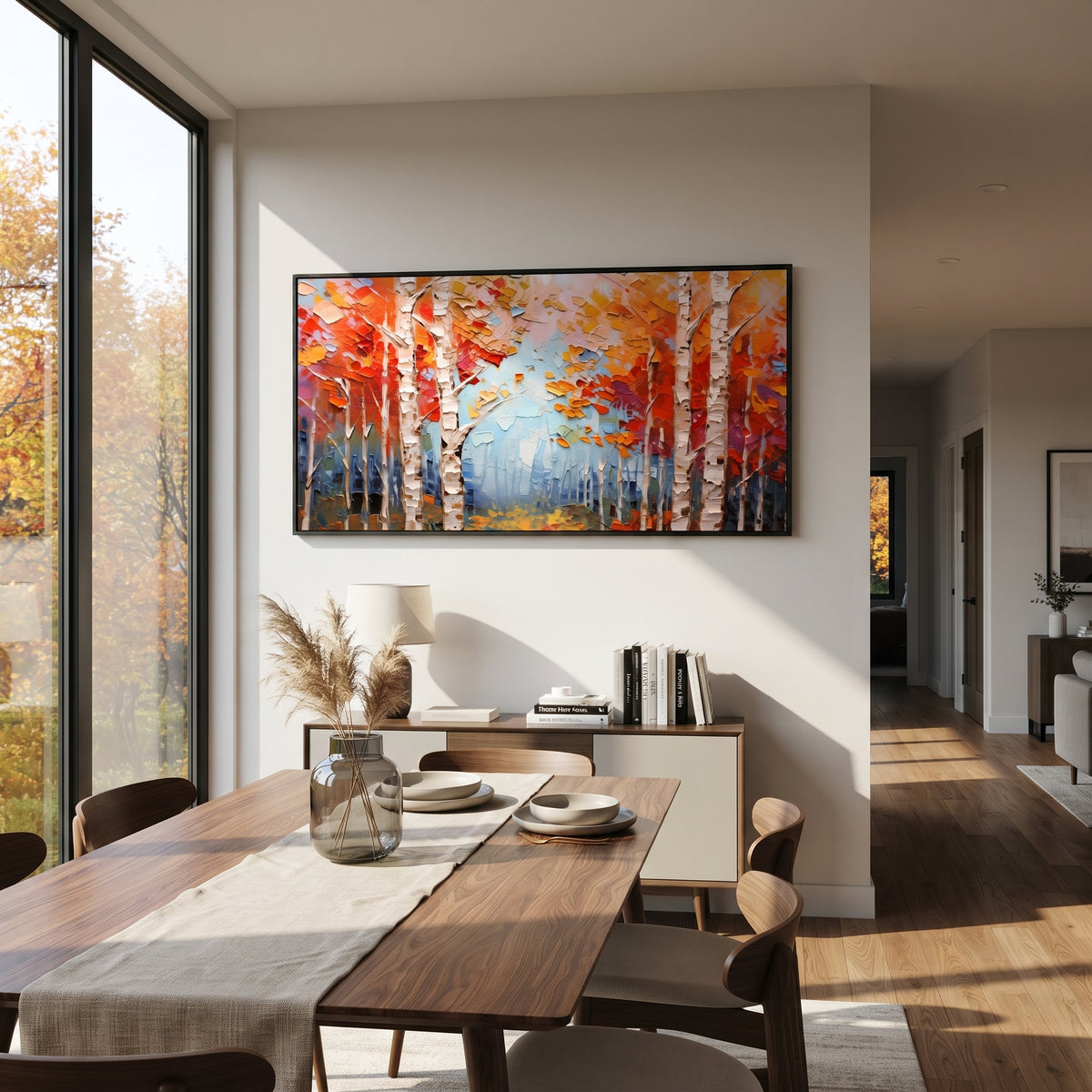 "Orange Birch Forest Painting" focuses on atmosphere, surface movement, and sculptural heavy impasto craftsmanship rather than a fixed literal storyline. The composition uses this hand-painted panoramic canvas presents white birch trunks set against vivid orange and red autumn leaves, with pale blue mist through the center and heavy textured paint as the visual anchor, while layered palette-knife paint, raised plaster-like texture, and softened brush movement create tactile depth across the