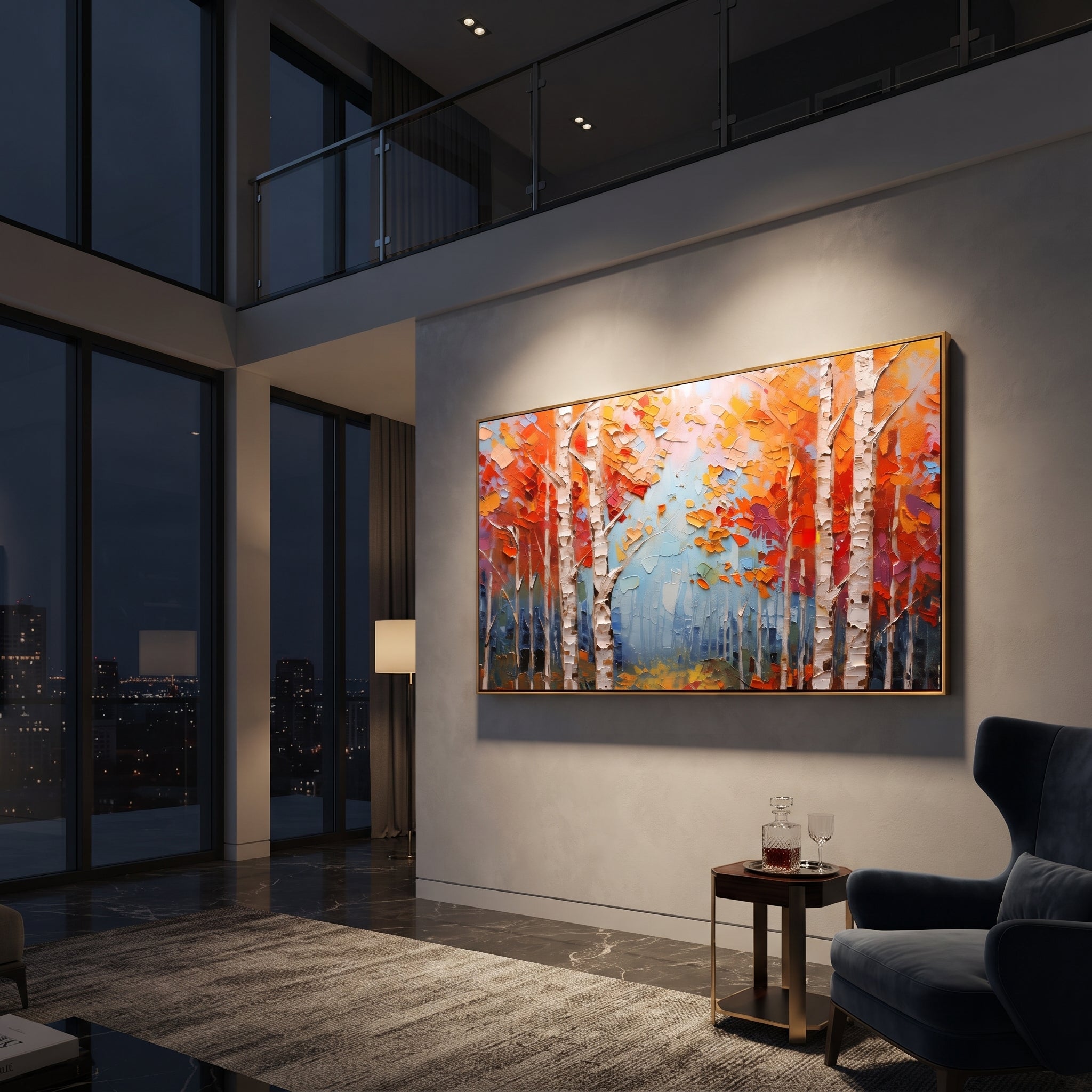 "Orange Birch Forest Painting" focuses on atmosphere, surface movement, and sculptural heavy impasto craftsmanship rather than a fixed literal storyline. The composition uses this hand-painted panoramic canvas presents white birch trunks set against vivid orange and red autumn leaves, with pale blue mist through the center and heavy textured paint as the visual anchor, while layered palette-knife paint, raised plaster-like texture, and softened brush movement create tactile depth across the