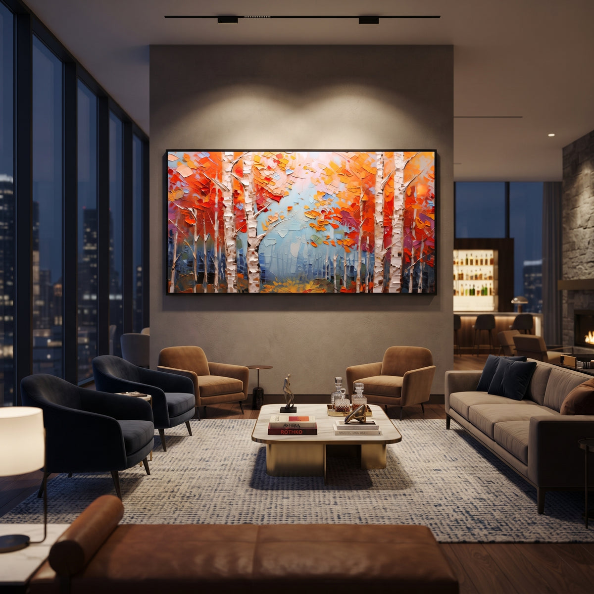"Orange Birch Forest Painting" focuses on atmosphere, surface movement, and sculptural heavy impasto craftsmanship rather than a fixed literal storyline. The composition uses this hand-painted panoramic canvas presents white birch trunks set against vivid orange and red autumn leaves, with pale blue mist through the center and heavy textured paint as the visual anchor, while layered palette-knife paint, raised plaster-like texture, and softened brush movement create tactile depth across the