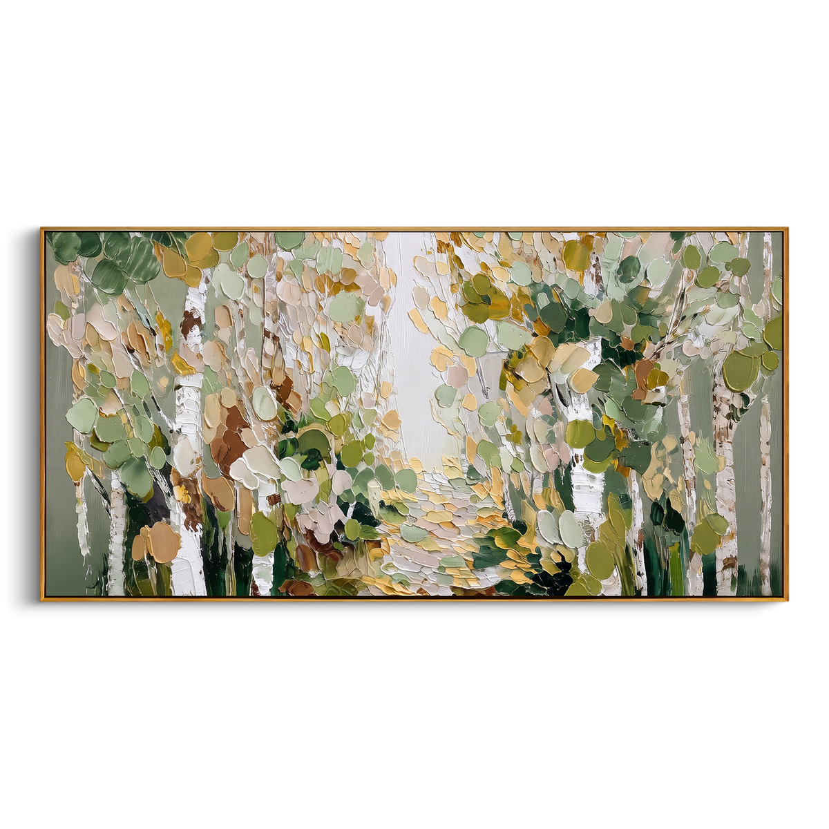 "Soft Sage Birch Path Painting" - Modern Heavy Impasto Abstract Artwork | Green & Beige Palette Knife Painting | Luxury Horizontal Wall Art #PT 1443