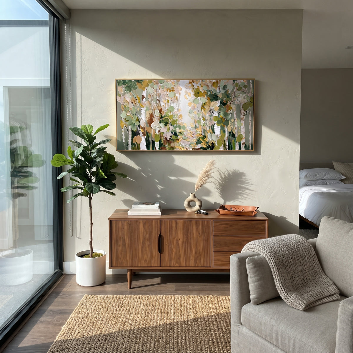 "Soft Sage Birch Path Painting" focuses on atmosphere, surface movement, and sculptural heavy impasto craftsmanship rather than a fixed literal storyline. The composition uses this hand-painted panoramic canvas presents a quiet birch woodland path in sage green, cream, beige, and olive leaves, with thick rounded palette-knife marks as the visual anchor, while layered palette-knife paint, raised plaster-like texture, and softened brush movement create tactile depth across the canvas. Curated with