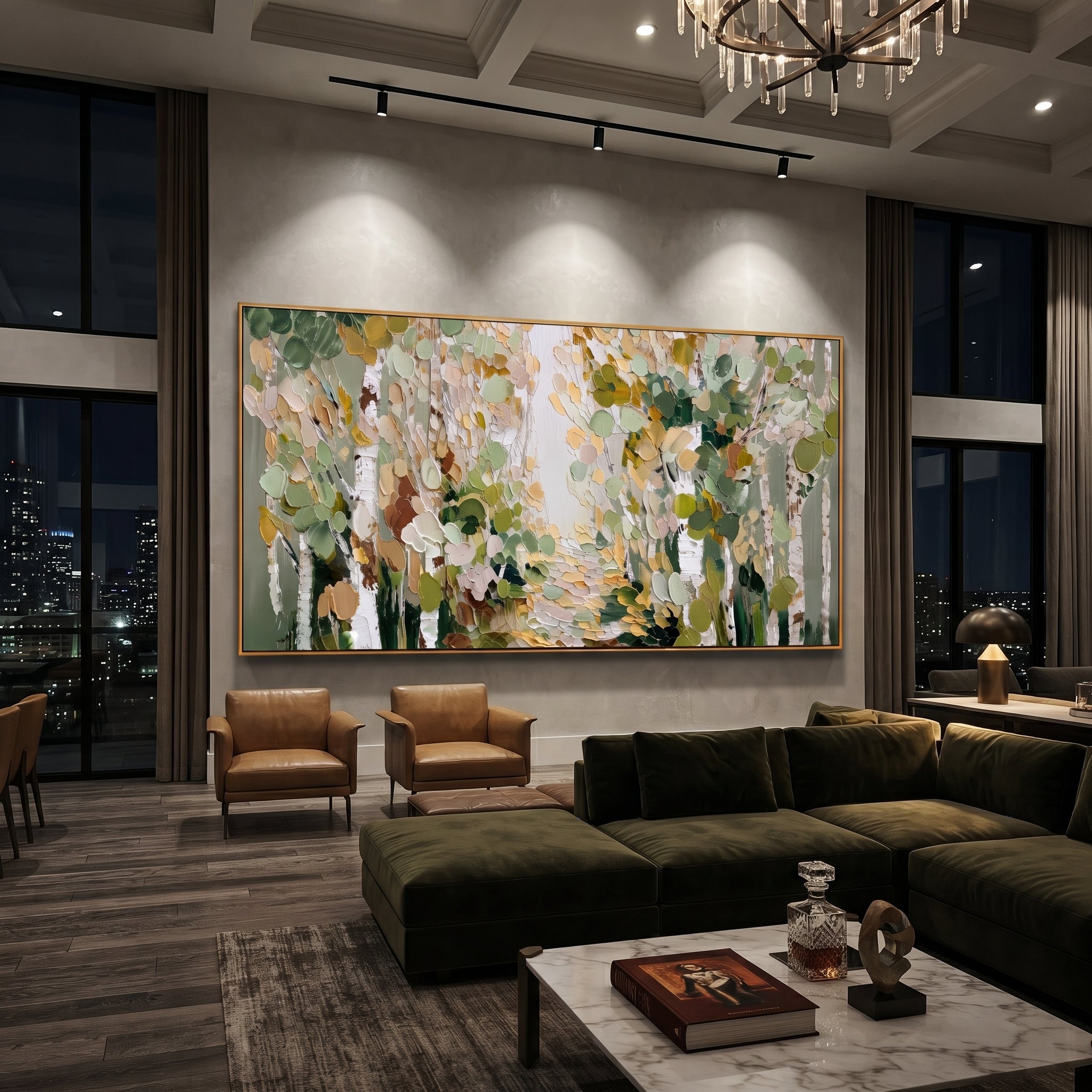 "Soft Sage Birch Path Painting" focuses on atmosphere, surface movement, and sculptural heavy impasto craftsmanship rather than a fixed literal storyline. The composition uses this hand-painted panoramic canvas presents a quiet birch woodland path in sage green, cream, beige, and olive leaves, with thick rounded palette-knife marks as the visual anchor, while layered palette-knife paint, raised plaster-like texture, and softened brush movement create tactile depth across the canvas. Curated with