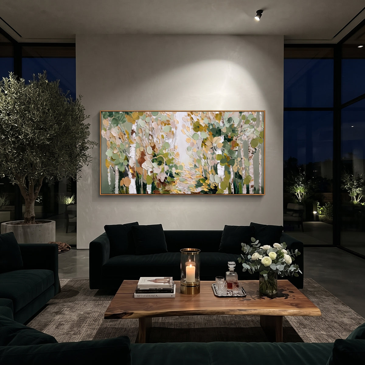 "Soft Sage Birch Path Painting" focuses on atmosphere, surface movement, and sculptural heavy impasto craftsmanship rather than a fixed literal storyline. The composition uses this hand-painted panoramic canvas presents a quiet birch woodland path in sage green, cream, beige, and olive leaves, with thick rounded palette-knife marks as the visual anchor, while layered palette-knife paint, raised plaster-like texture, and softened brush movement create tactile depth across the canvas. Curated with