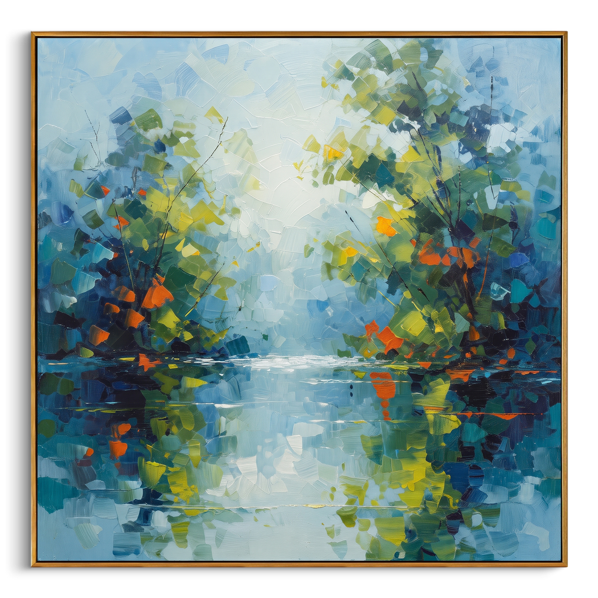 "Blue Green Lake Reflection Painting" focuses on atmosphere, surface movement, and sculptural heavy impasto craftsmanship rather than a fixed literal storyline. The composition uses this hand-painted square canvas presents a calm blue green waterside forest with reflected foliage, pale sky light, orange leaf accents, and layered impasto brushwork as the visual anchor, while layered palette-knife paint, raised plaster-like texture, and softened brush movement create tactile depth across the