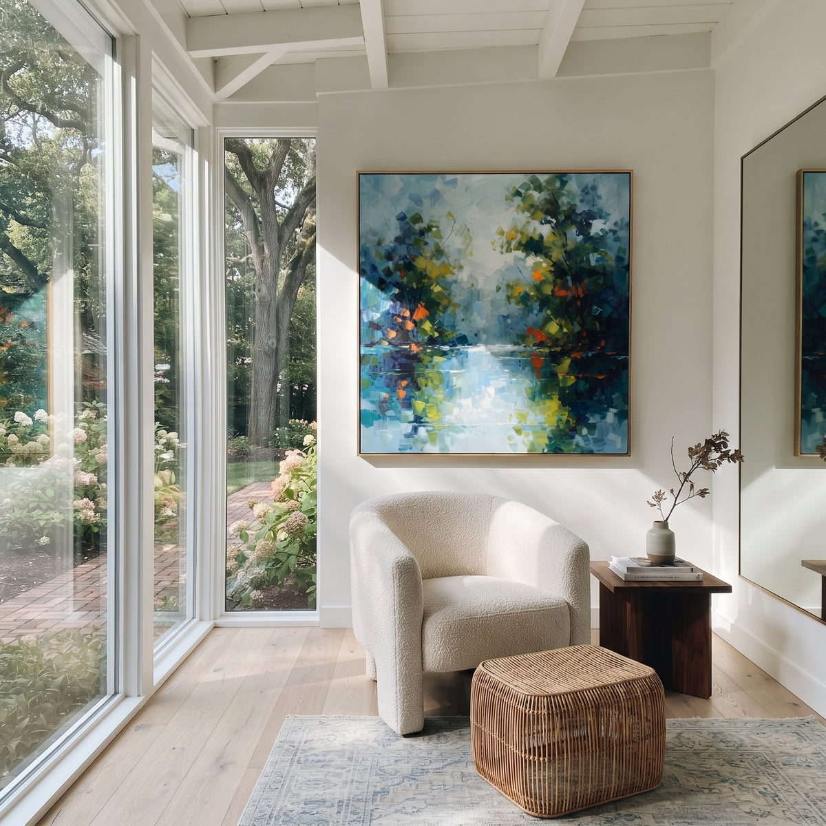 "Blue Green Lake Reflection Painting" focuses on atmosphere, surface movement, and sculptural heavy impasto craftsmanship rather than a fixed literal storyline. The composition uses this hand-painted square canvas presents a calm blue green waterside forest with reflected foliage, pale sky light, orange leaf accents, and layered impasto brushwork as the visual anchor, while layered palette-knife paint, raised plaster-like texture, and softened brush movement create tactile depth across the