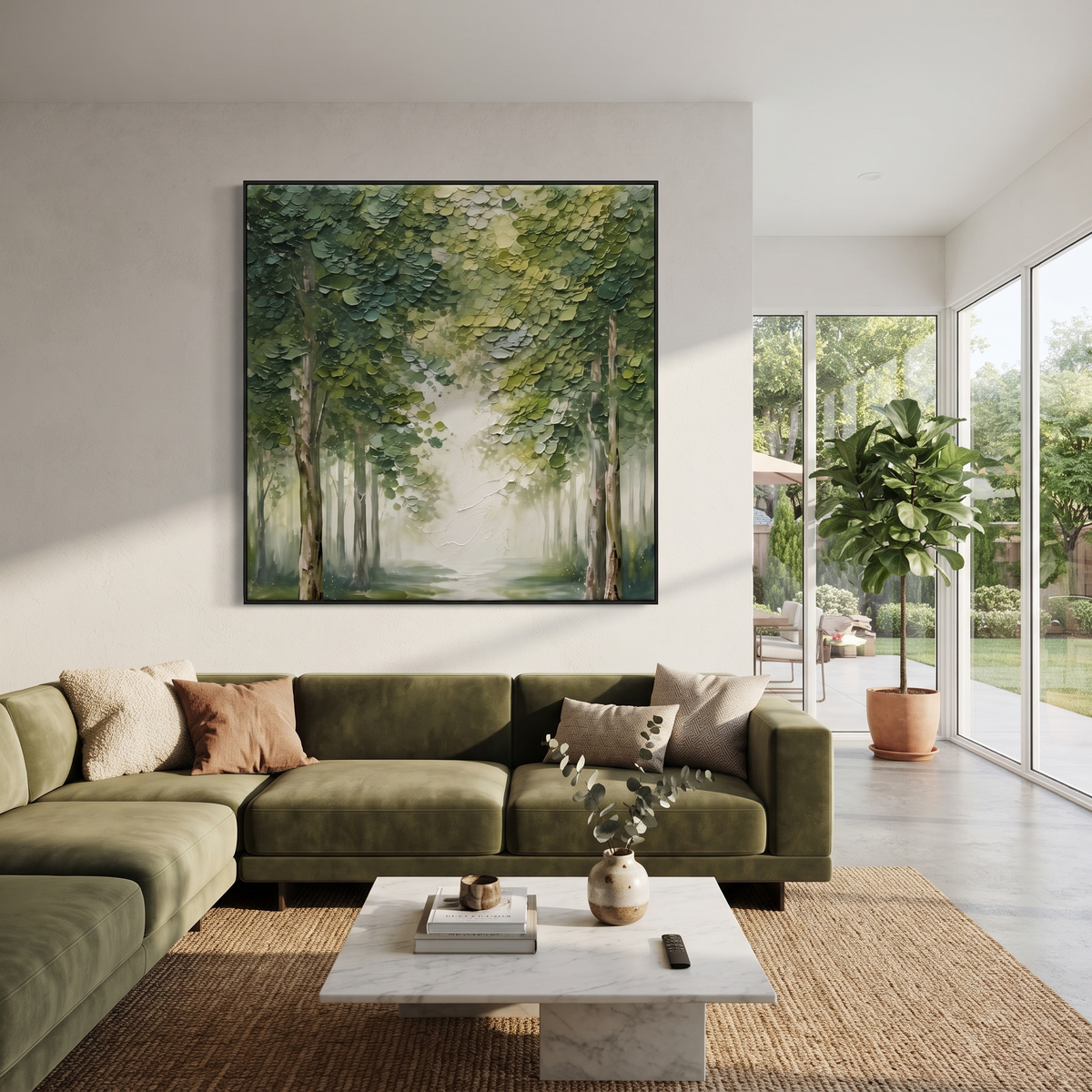 "Misty Green Forest Painting" focuses on atmosphere, surface movement, and sculptural heavy impasto craftsmanship rather than a fixed literal storyline. The composition uses this hand-painted square canvas presents a soft green forest canopy with dense raised leaves, pale mist through the center, and muted tree trunks below as the visual anchor, while layered palette-knife paint, raised plaster-like texture, and softened brush movement create tactile depth across the canvas. Curated with a