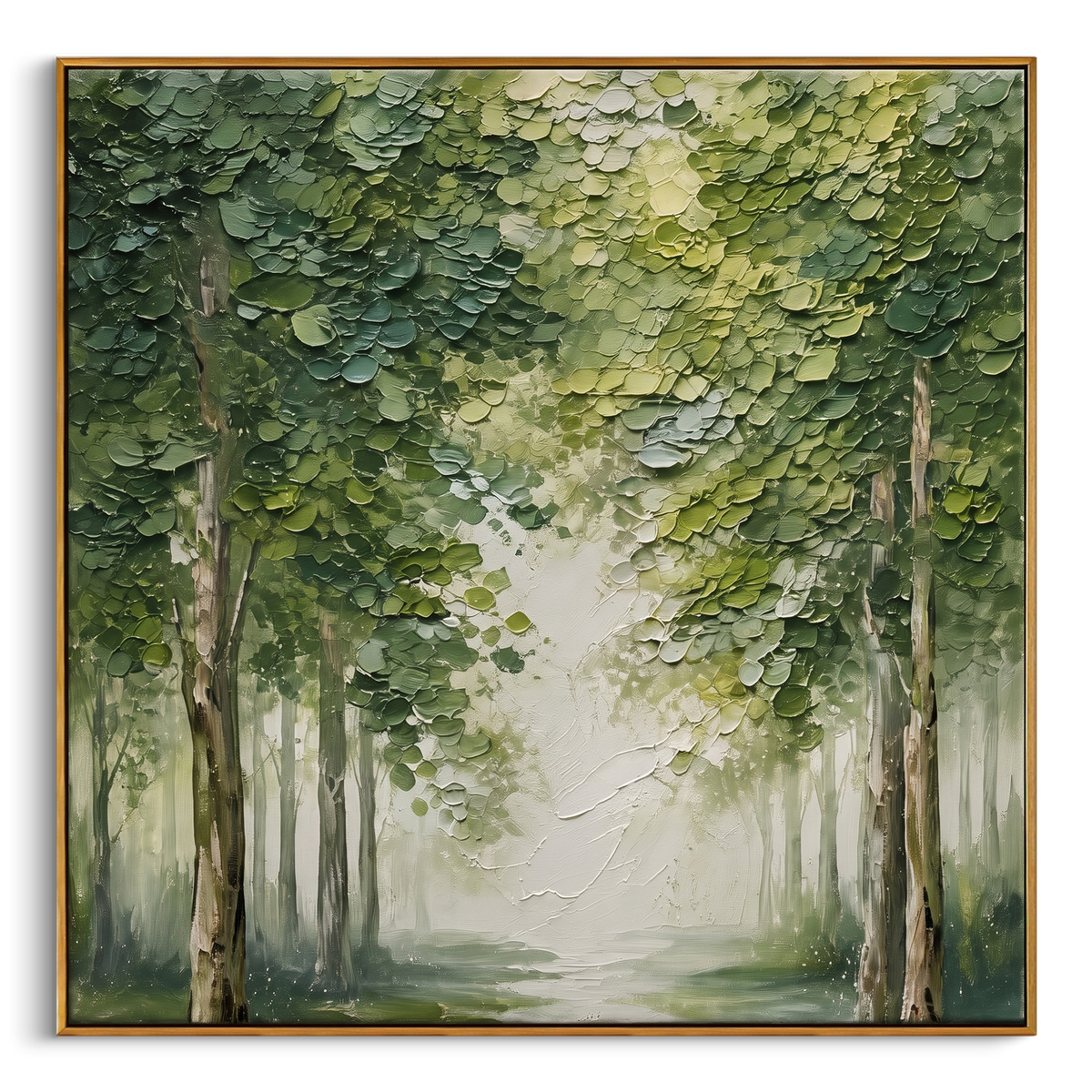 "Misty Green Forest Painting" - Modern Heavy Impasto Abstract Artwork | Green & White Palette Knife Painting | Luxury Square Wall Art #PT 1445