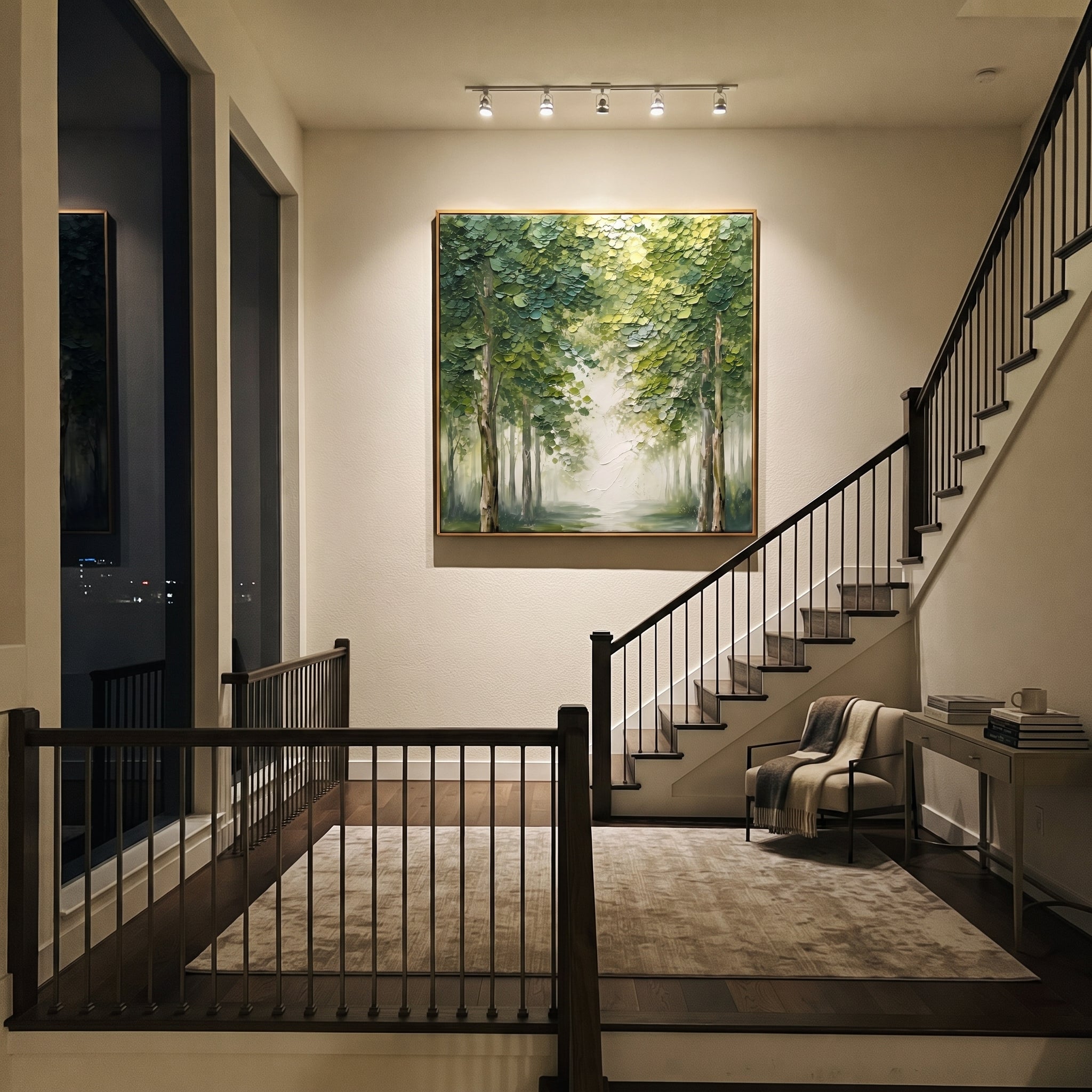 "Misty Green Forest Painting" focuses on atmosphere, surface movement, and sculptural heavy impasto craftsmanship rather than a fixed literal storyline. The composition uses this hand-painted square canvas presents a soft green forest canopy with dense raised leaves, pale mist through the center, and muted tree trunks below as the visual anchor, while layered palette-knife paint, raised plaster-like texture, and softened brush movement create tactile depth across the canvas. Curated with a