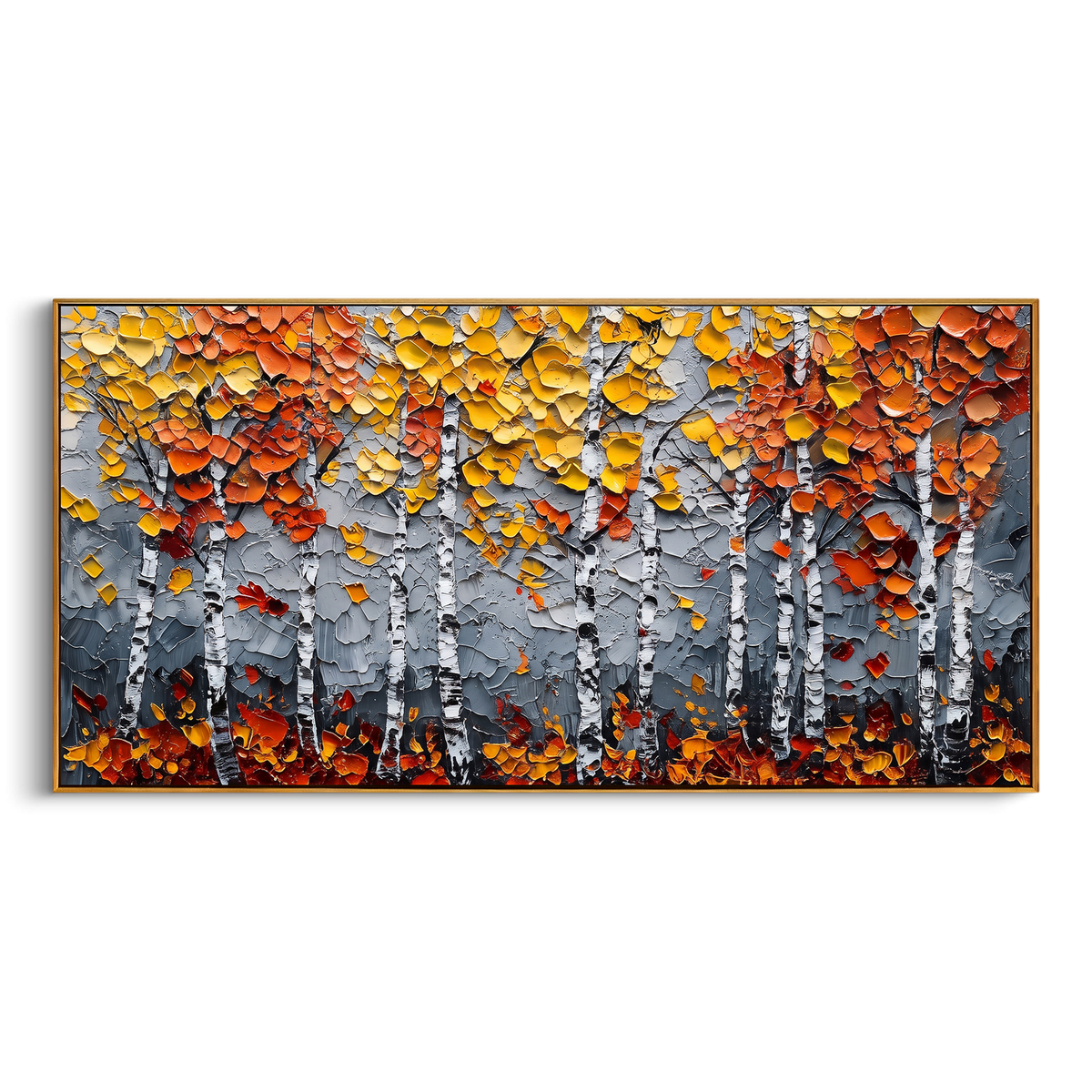 "Grey Orange Birch Painting" - Modern Heavy Impasto Abstract Artwork | Gold & Orange Palette Knife Painting | Luxury Horizontal Wall Art #PT 1446