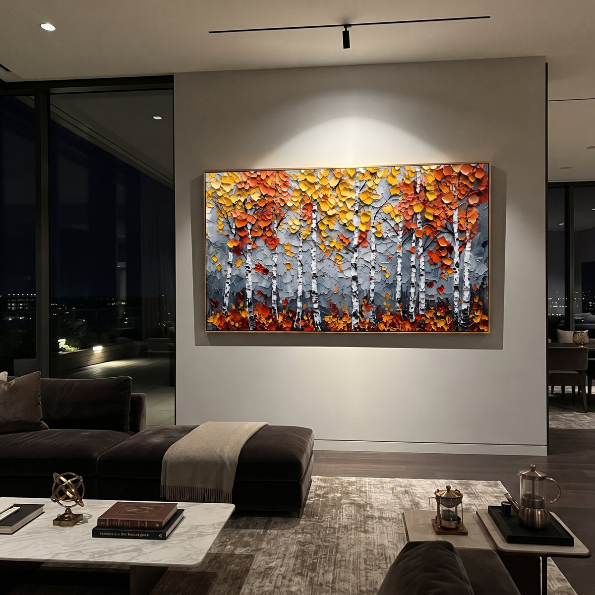 "Grey Orange Birch Painting" focuses on atmosphere, surface movement, and sculptural heavy impasto craftsmanship rather than a fixed literal storyline. The composition uses this hand-painted panoramic canvas presents white birch trunks across a grey textured ground, topped with orange and golden yellow autumn leaves and dark lower shadows as the visual anchor, while layered palette-knife paint, raised plaster-like texture, and softened brush movement create tactile depth across the canvas.