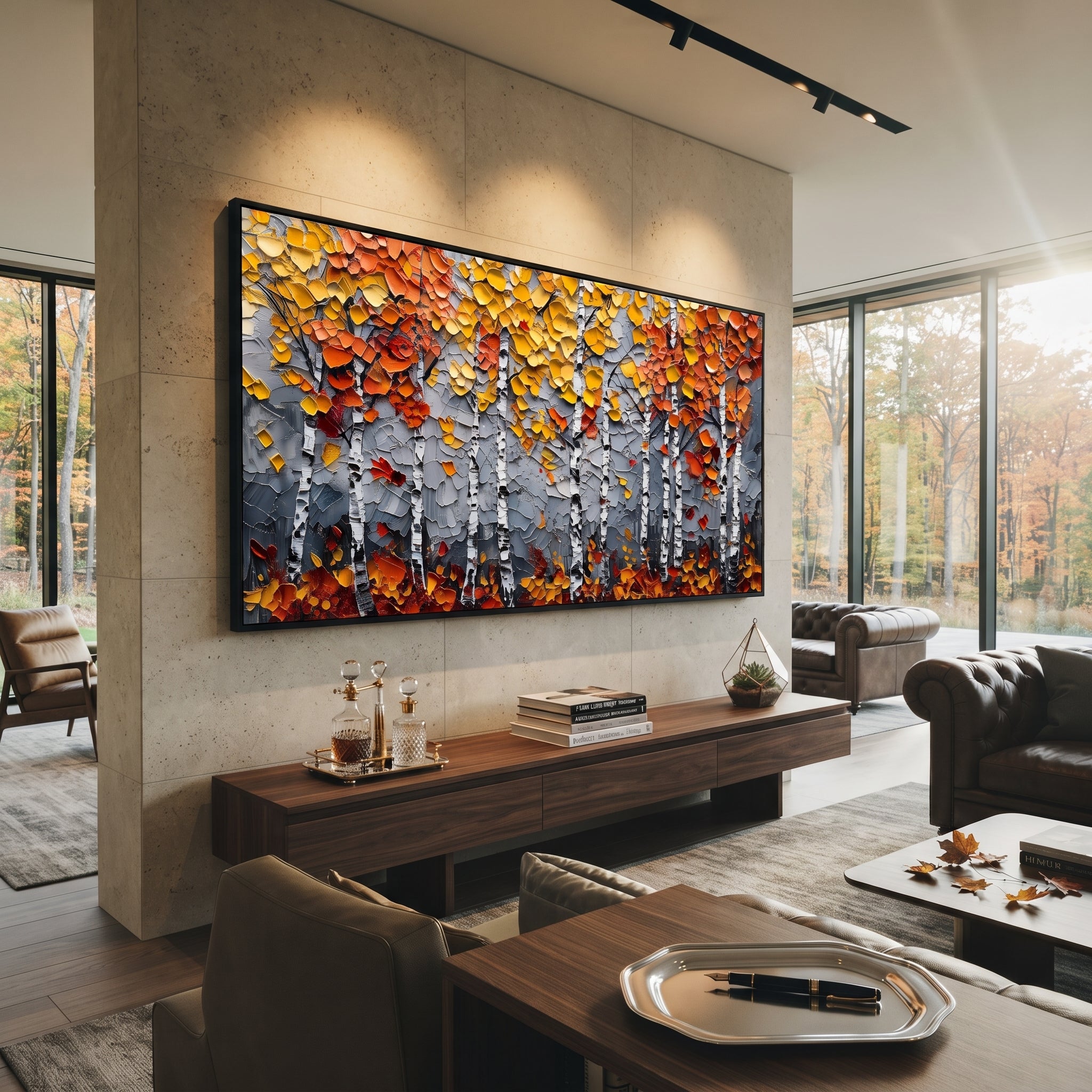 "Grey Orange Birch Painting" focuses on atmosphere, surface movement, and sculptural heavy impasto craftsmanship rather than a fixed literal storyline. The composition uses this hand-painted panoramic canvas presents white birch trunks across a grey textured ground, topped with orange and golden yellow autumn leaves and dark lower shadows as the visual anchor, while layered palette-knife paint, raised plaster-like texture, and softened brush movement create tactile depth across the canvas.