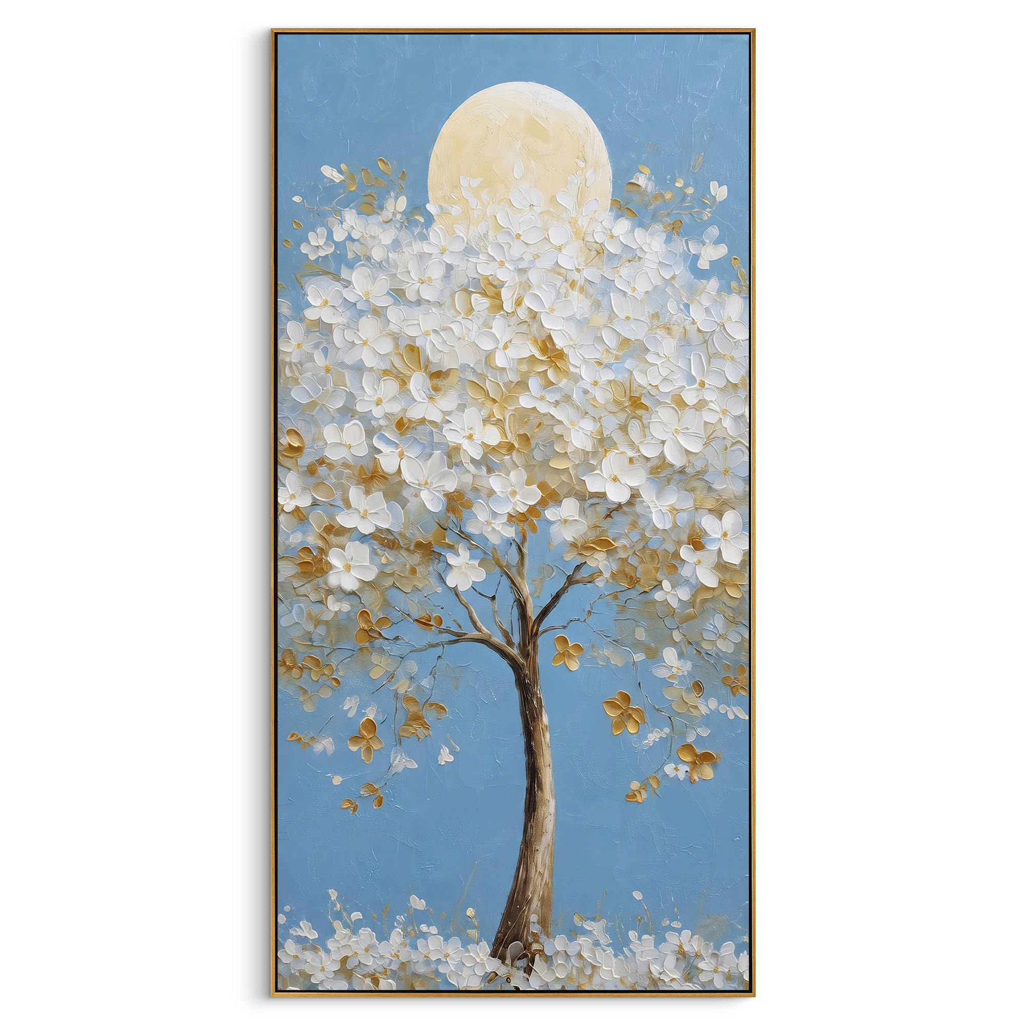 "Moonlit White Blossom Tree Painting" focuses on atmosphere, surface movement, and sculptural heavy impasto craftsmanship rather than a fixed literal storyline. The composition uses this hand-painted vertical canvas presents a tall tree covered in raised white blossoms and golden leaves, set before a soft round moon on a clear blue background as the visual anchor, while layered palette-knife paint, raised plaster-like texture, and softened brush movement create tactile depth across the canvas.