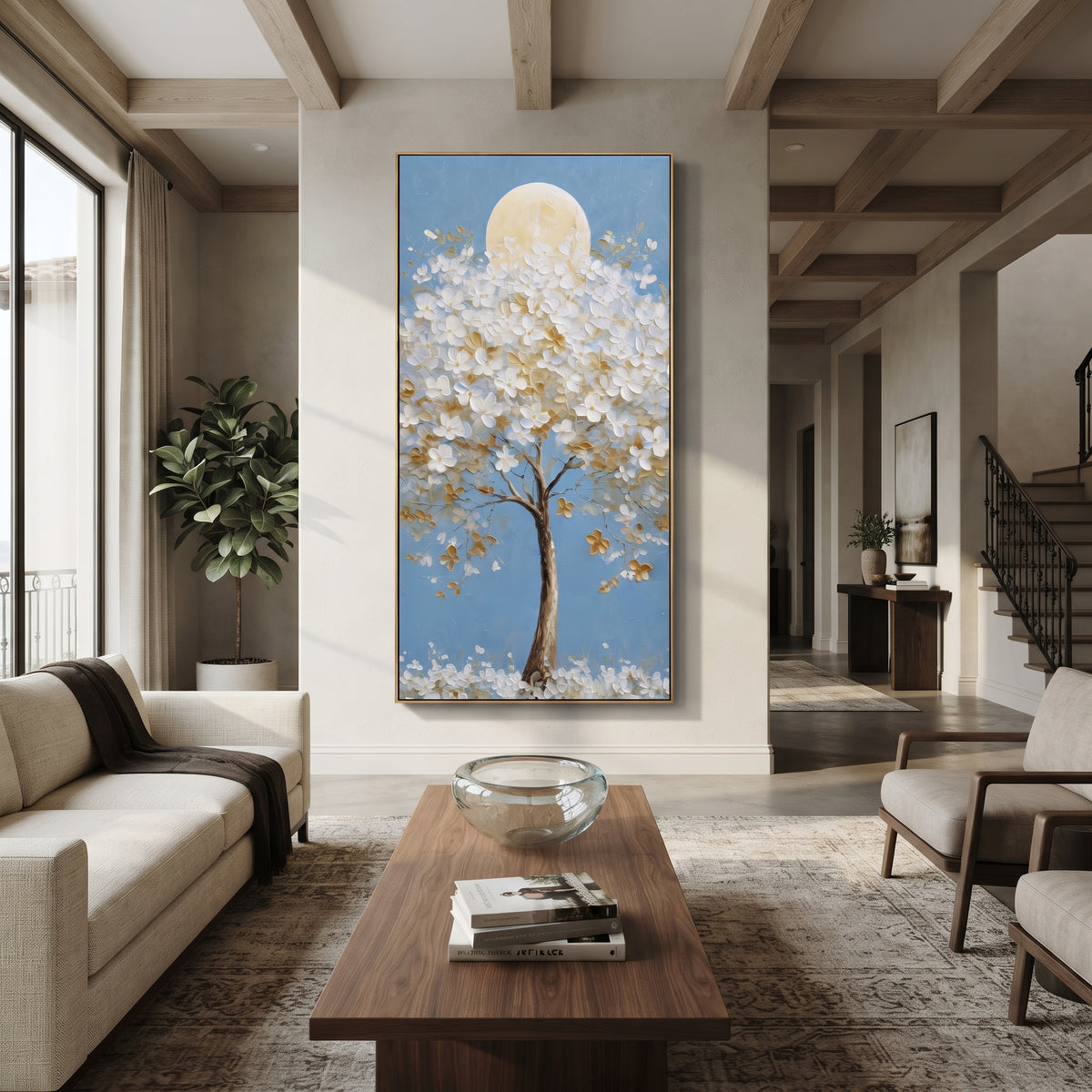 "Moonlit White Blossom Tree Painting" focuses on atmosphere, surface movement, and sculptural heavy impasto craftsmanship rather than a fixed literal storyline. The composition uses this hand-painted vertical canvas presents a tall tree covered in raised white blossoms and golden leaves, set before a soft round moon on a clear blue background as the visual anchor, while layered palette-knife paint, raised plaster-like texture, and softened brush movement create tactile depth across the canvas.