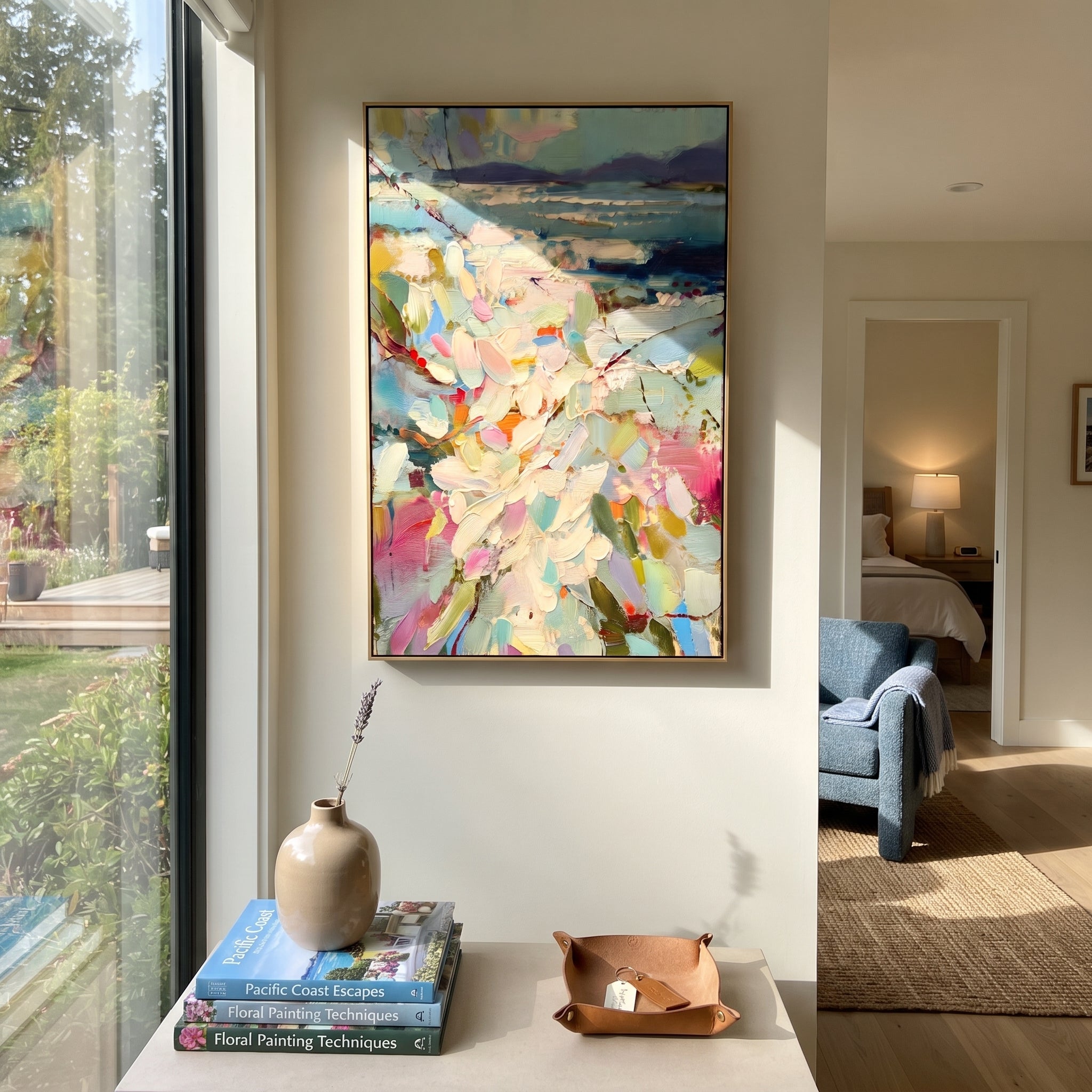 "Pastel Floral Coast Painting" focuses on atmosphere, surface movement, and sculptural heavy impasto craftsmanship rather than a fixed literal storyline. The composition uses this hand-painted vertical canvas presents a vertical pastel coastal scene with cream flowers and green leaves in the foreground, turquoise water, and distant purple hills as the visual anchor, while layered palette-knife paint, raised plaster-like texture, and softened brush movement create tactile depth across the canvas.