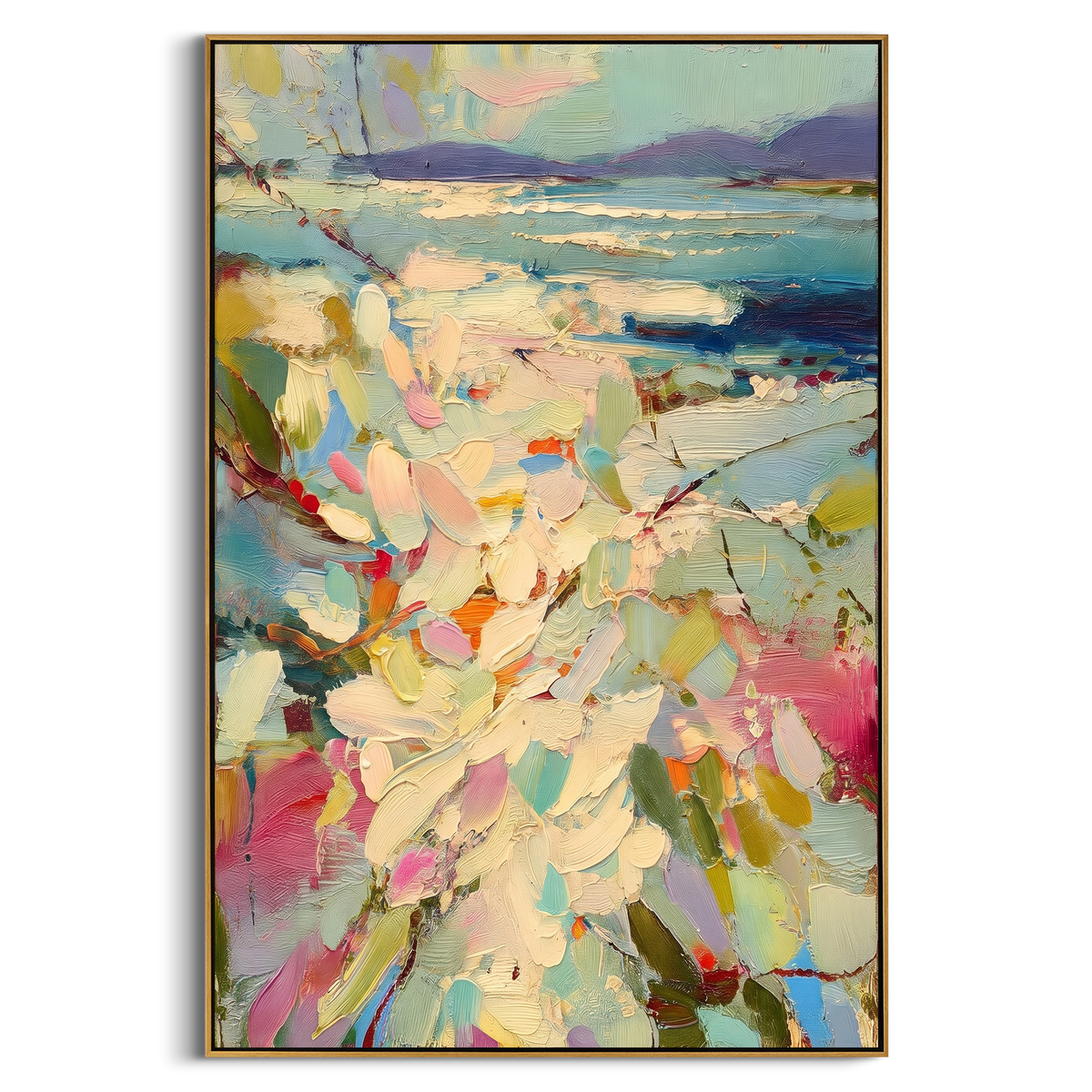 "Pastel Floral Coast Painting" - Modern Heavy Impasto Coastal Landscape | Blue & Green Palette Knife Painting | Luxury Vertical Wall Art #PT 1448