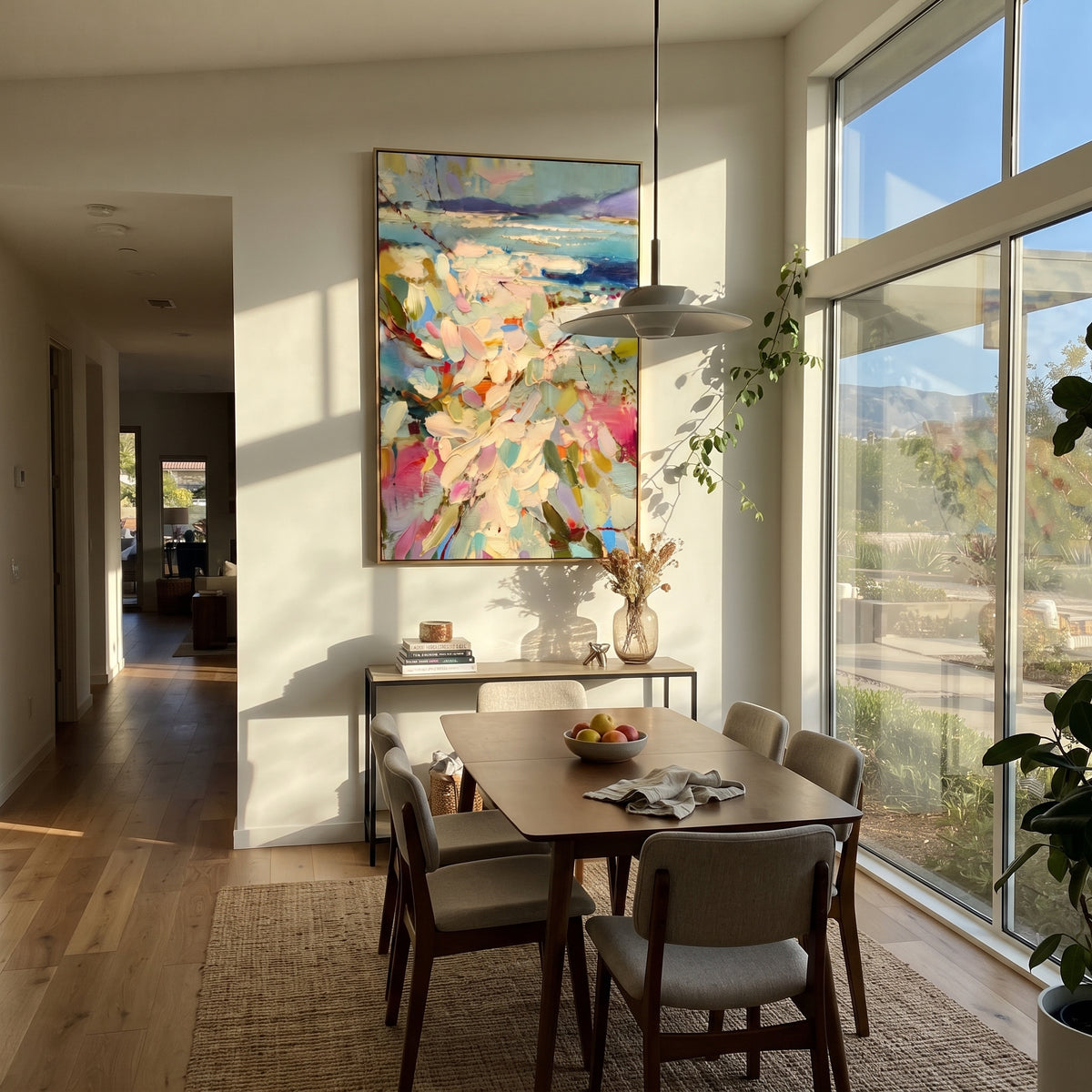 "Pastel Floral Coast Painting" focuses on atmosphere, surface movement, and sculptural heavy impasto craftsmanship rather than a fixed literal storyline. The composition uses this hand-painted vertical canvas presents a vertical pastel coastal scene with cream flowers and green leaves in the foreground, turquoise water, and distant purple hills as the visual anchor, while layered palette-knife paint, raised plaster-like texture, and softened brush movement create tactile depth across the canvas.