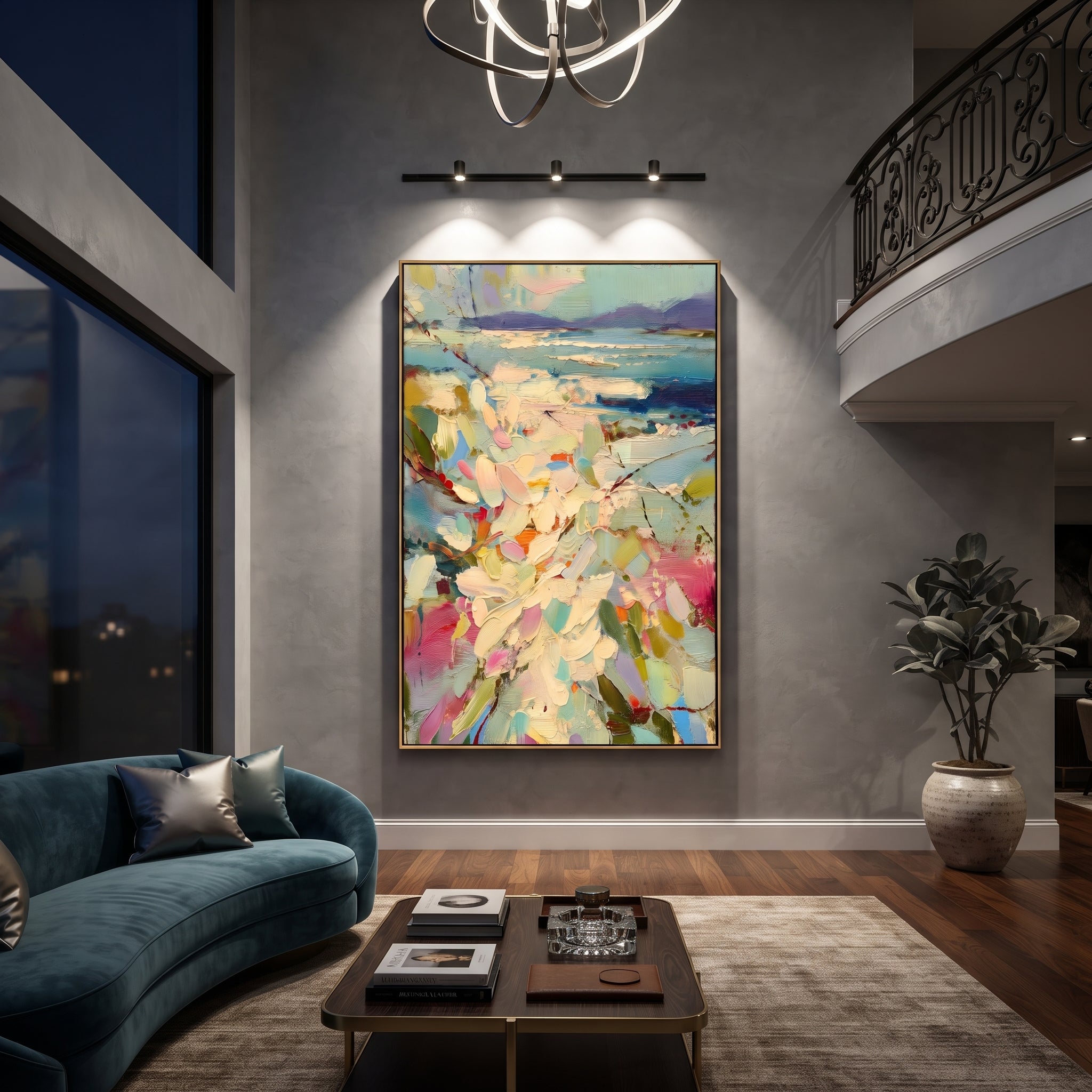 "Pastel Floral Coast Painting" focuses on atmosphere, surface movement, and sculptural heavy impasto craftsmanship rather than a fixed literal storyline. The composition uses this hand-painted vertical canvas presents a vertical pastel coastal scene with cream flowers and green leaves in the foreground, turquoise water, and distant purple hills as the visual anchor, while layered palette-knife paint, raised plaster-like texture, and softened brush movement create tactile depth across the canvas.
