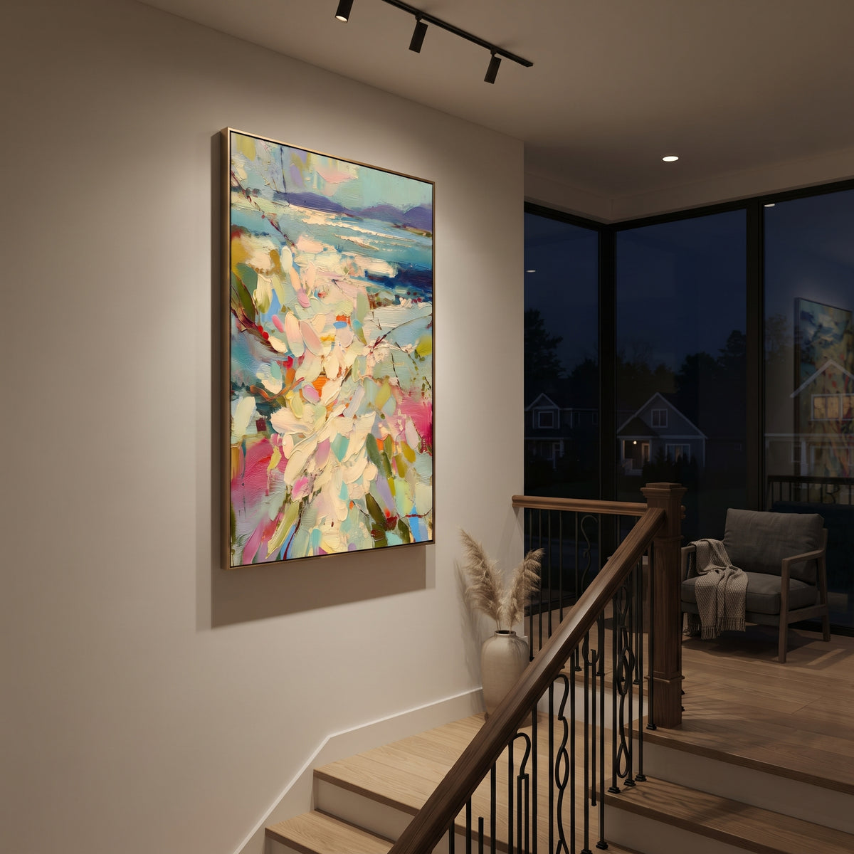 "Pastel Floral Coast Painting" focuses on atmosphere, surface movement, and sculptural heavy impasto craftsmanship rather than a fixed literal storyline. The composition uses this hand-painted vertical canvas presents a vertical pastel coastal scene with cream flowers and green leaves in the foreground, turquoise water, and distant purple hills as the visual anchor, while layered palette-knife paint, raised plaster-like texture, and softened brush movement create tactile depth across the canvas.