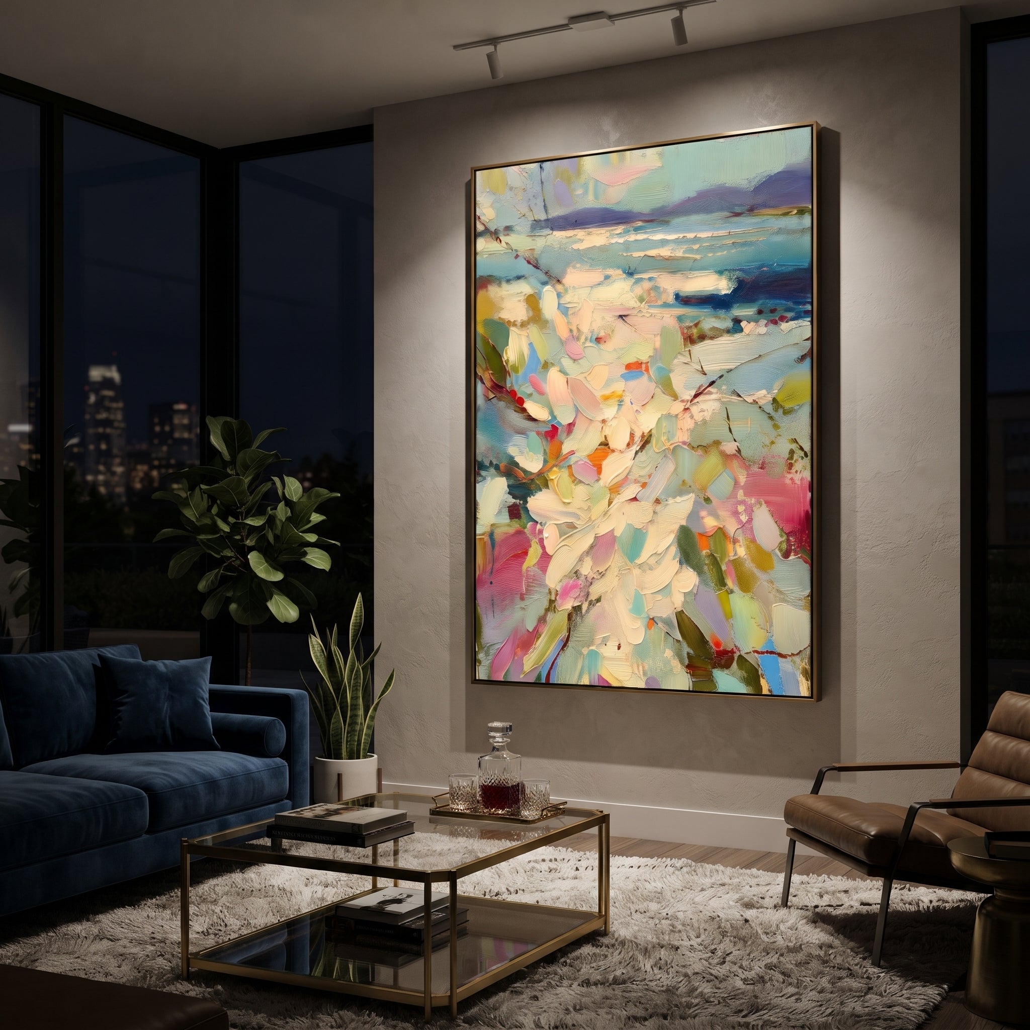 "Pastel Floral Coast Painting" focuses on atmosphere, surface movement, and sculptural heavy impasto craftsmanship rather than a fixed literal storyline. The composition uses this hand-painted vertical canvas presents a vertical pastel coastal scene with cream flowers and green leaves in the foreground, turquoise water, and distant purple hills as the visual anchor, while layered palette-knife paint, raised plaster-like texture, and softened brush movement create tactile depth across the canvas.