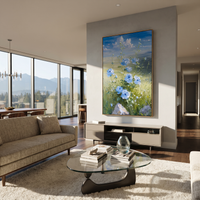 "Blue Meadow Flower Painting" focuses on atmosphere, surface movement, and sculptural heavy impasto craftsmanship rather than a fixed literal storyline. The composition uses this hand-painted vertical canvas presents blue and white flowers rising from green meadow grass beneath a soft blue sky, with raised petals and delicate stems as the visual anchor, while layered palette-knife paint, raised plaster-like texture, and softened brush movement create tactile depth across the canvas. Curated with