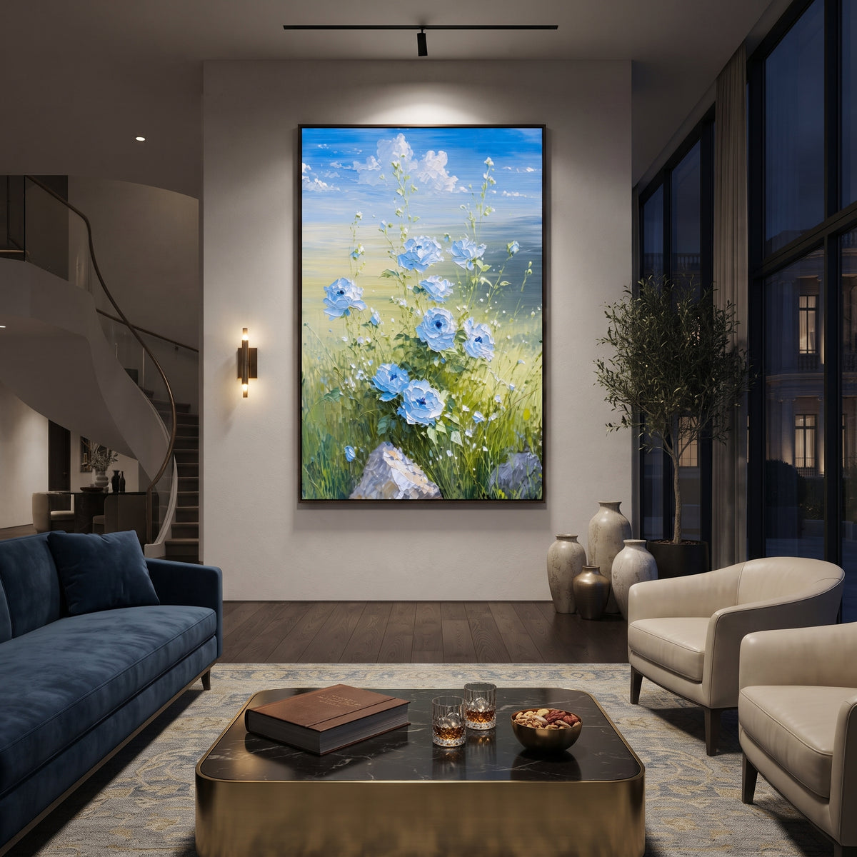 "Blue Meadow Flower Painting" focuses on atmosphere, surface movement, and sculptural heavy impasto craftsmanship rather than a fixed literal storyline. The composition uses this hand-painted vertical canvas presents blue and white flowers rising from green meadow grass beneath a soft blue sky, with raised petals and delicate stems as the visual anchor, while layered palette-knife paint, raised plaster-like texture, and softened brush movement create tactile depth across the canvas. Curated with